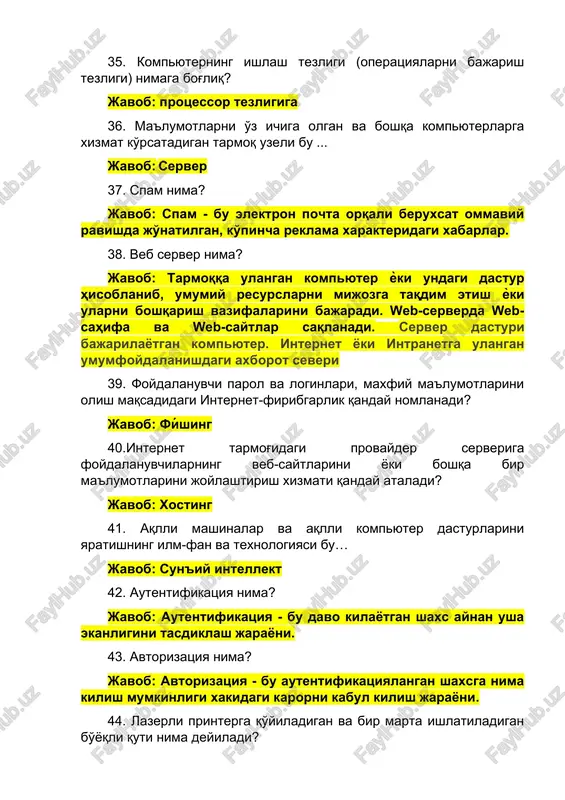 rosoft word-da matn bilan ishlashda qaysi tugmalar kombinatsiyasi matnni kursiv qiladi? javob: strl+i 53. microsoft word-da matn bilan ishlashda "ctrl+a" tugmalar kombinatsiyasi nima vazifani bajaradi? javob: butun saxifani belgilaydi. 54. microsoft word-da matn bilan ishlashda qaysi tugmalar "razriv stranitsi" amalini bajaradi? javob: strl+return 55. microsoft excel ish kitobida kamida nechta sahifa (list) bo'lishi mumkin? javob: 65536 56. microsoft powerpoint-da taqdimot qaysi tugma orqali ishga tushiriladi? javob: f5 57. microsoft powerpoint-da taqdimotni joriy slayddan ishga tushirish uchun qaysi tugmalar kombinatsiyasidan foydalaniladi? javob: taqdimot namoyishi vaqtida klaviaturadagi page down tugmasi bosiladi 58. normativ-huquqiy hujjatlar loyihasini ishlab chiqish va kelishishning yagona elektron tizimi veb manzilini belgilang. javob: project.gov.uz 59. o'zbekiston respublikasi prezidentining virtual qabulxonasini ko'rsating. javob: https://pm.gov.uz/ru 60. o'zbekiston respublikasi bosh vazirining tadbirkorlar murojaatlarini ko'rib chiqish virtual qabulxonasini ko'rsating. javob: “business.gov.uz” 61. yagona interaktiv davlat xizmatlari portalini ko'rsating. javob: my.gov.uz 62. jamoatchilik tashabbuslari yagona platformasi qaysi domen ostida faoliyat olib boradi? javob: https://meningfikrim.uz/ …