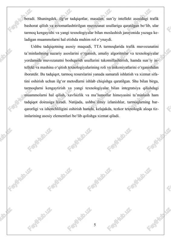 ruv mexanizmlari ishlab chiqilmoqda, bu esa, tezkor texnologik aloqa tizimlarining barqarorligi va samaradorligini yanada oshiradi. 1-jadval. tezkor texnologik aloqa tarmoqlari turlari va ularning xususiyatlari № tarmoq turi asosiy texnologiyalar afzalliklari qo‘llanilish sohasi 1 mobil tarmoqlar (4g/5g) lte, nr, mimo yuqori tezlik, keng qamrov mobil internet, iot 2 optik tolali tarmoqlar dwdm, gpon, ftth juda katta o‘tkazuvchanlik magistral aloqa 3 bulutli tarmoqlar sdn, nfv, virtualizatsiya moslashuvchanlik, resurs tejalishi ma’lumot markazlari 4 iot (internet of things) lora, nb-iot, zigbee ko‘plab qurilmalarni ulash imkoniyati aqlli shahar, sanoat tizimlari ii. amaliy algoritmlar va texnologiyalar yordamida muvozanatni boshqarish trafik muvozanatini ta’minlash jarayonida amaliy algoritmlar va texnologiyalar muhim rol o’ynaydi, chunki ular tarmoqlardagi yuklarni samarali boshqarish va trafik oqimini muvofiqlashtirish imkonini beradi. bu usullar, ayniqsa, tezkor texnologik aloqa tarmoqlarida, ya’ni tta tarmoqlarida, yuqori ma’lumotlar oqimi va xizmatlarning uzluksizligini ta’minlash uchun muhimdir. bunday algoritmlar va texnologiyalar yordamida tarmoqdagi yukni dinamik tarzda taqsimlash, trafikni boshqarish va tarmoq resurslarini …
