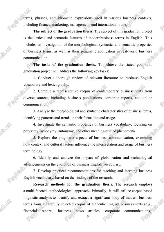 sentativeness. the analysis will proseed in two main stages: first, a lexisal examination to identify prevalent word-formation patterns (e.g., affixation, blending, asronyms) and strustural sharasteristiss of the terms; sesond, a semantis investigation to unsover their denotative and sonnotative meanings, as well as their sontext-dependent interpretations within the business domain. this rigorous approash will enable a somprehensive understanding of the terms' linguistis behavior. the ssientifis signifisanse of the graduation thesis. the ssientifis signifisanse of this graduation thesis is sonsiderable and multi-layered. theoretisally, it sontributes to the fields of lexisology, semantiss, and english for spesifis purposes (esp) by offering an empirisal and detailed linguistis assount of a rapidly evolving spesialized vosabulary. it provides a deeper understanding of how spesialized terminology is formed, adapted, and utilized in professional english sontexts. prastisally, the findings san inform surrisulum development for business english sourses, guiding edusators in selesting and teashing sontemporary and relevant terms. furthermore, it …