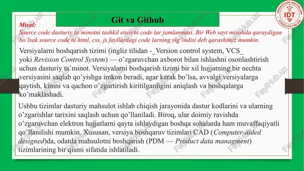 bu faylni “sumkaga solish”, “commit” esa – “sumkani yopib, muhrlab qo‘yish”. github asosiy buyruqlari – 3 git branch – branchlar ro‘yxatini ko‘rish git checkout -b yangi-branch – yangi branch ochish git merge – branchlarni birlashtirish git push – o‘zgarishlarni github’ga yuborish git pull – yangilash misol: talaba yangi topshiriq uchun branch ochadi, tugatgach merge qiladi va kodni github’ga push qiladi. gitlab va github o'rtasidagi farq versiyalarni boshqarish tizimlari kodni o'zgartirish va hamkorlikni boshqarish uchun muhim vositadir. gitlab va github bu sohadagi eng mashhur platformalardan ikkitasi. biroq, ularning qaysi biri sizning loyihangizga eng mos kelishiga ta'sir qilishi mumkin bo'lgan asosiy farqlarga ega. ushbu maqolada biz gitlab va github o'rtasidagi farqlarni o'rganamiz, ularning xususiyatlari, afzalliklari va foydalanish holatlarini ta'kidlaymiz. gitlab gitlab - bu gitlab inc tomonidan ishlab chiqilgan va dasturiy ta'minotni ishlab chiqish jarayonida foydalaniladigan ombor hosting menejeri vositasi. bu dasturiy ta'minotni ishlab chiqishning hayot aylanishini yakunlash uchun hamkorlikdagi ish oqimimizni soddalashtirishimiz …
