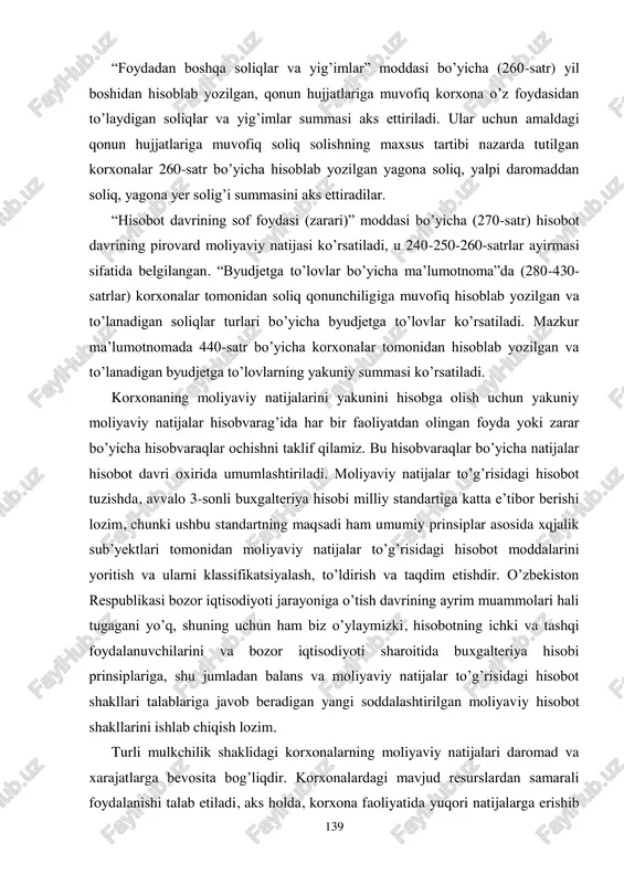 satr) ayirish hamda asosiy faoliyatdan boshqa daromadlar summasini (090-satr) qo’shish yo’li bilan aniqlanadi. “moliyaviy faoliyatdan daromadlar, jami” moddasi bo’yicha (110-satr) 120, 130, 140, 150, 160-satrlar bo’yicha yakuniy summa aks ettiriladi. “dividendlar ko’rinishida daromadlar” moddasi bo’yicha (120-satr) hisobi 9520-“dividendlar ko’rinishida daromadlar” hisobvaragida yuritiladigan: o’zbekiston respublikasi hududida va undan tashqarida boshqa korxonalar faoliyatida ulushbay ishtirok etishdan olingan daromadlar, korxona egaligida bo’lgan aksiyalar va boshqa qimmatli qog’ozlar bo’yicha dividendlar aks ettiriladi. 139 “foydadan boshqa soliqlar va yig’imlar” moddasi bo’yicha (260-satr) yil boshidan hisoblab yozilgan, qonun hujjatlariga muvofiq korxona o’z foydasidan to’laydigan soliqlar va yig’imlar summasi aks ettiriladi. ular uchun amaldagi qonun hujjatlariga muvofiq soliq solishning maxsus tartibi nazarda tutilgan korxonalar 260-satr bo’yicha hisoblab yozilgan yagona soliq, yalpi daromaddan soliq, yagona yer solig’i summasini aks ettiradilar. “hisobot davrining sof foydasi (zarari)” moddasi bo’yicha (270-satr) hisobot davrining pirovard moliyaviy natijasi ko’rsatiladi, u 240-250-260-satrlar ayirmasi sifatida belgilangan. “byudjetga to’lovlar bo’yicha ma’lumotnoma”da (280-430- satrlar) korxonalar tomonidan soliq …