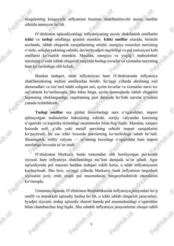 yati kamayib, turmush darajasi pasayadi. inflyatsiya shuningdek, jamg‘armalar va investitsiyalar qiymatini pasaytiradi. agar inflyatsiya darajasi yuqori bo‘lsa, bank omonatlari va milliy valyutadagi jamg‘armalar qadrsizlanadi, bu esa iqtisodiyotga sarmoya kiritish istagini kamaytiradi. natijada, iqtisodiy o‘sish sur’atlari sekinlashadi va ishlab chiqarish hajmi qisqaradi. bundan tashqari, inflyatsiya iqtisodiy muvozanatni buzadi. narxlarning tez-tez o‘zgarishi ishlab chiqaruvchilar va iste’molchilar uchun noaniqlikni keltirib chiqaradi. tadbirkorlar o‘z rejalashtirish faoliyatida barqaror prognozlarga tayanolmaydi, bu esa ishlab chiqarish samaradorligini pasaytiradi. narxlarning beqarorligi bozordagi raqobat muhitini zaiflashtiradi, ayrim hollarda esa spekulyativ faoliyatni kuchaytiradi. ijtimoiy nuqtai nazardan qaraganda, inflyatsiya tengsizlikni kuchaytiradi. narxlarning o‘sishi natijasida jamiyatning turli qatlamlari o‘rtasidagi daromad tafovuti yanada chuqurlashadi. yuqori daromadli guruhlar o‘z kapitalini inflyatsiyadan himoyalash uchun ko‘chmas mulk, oltin yoki xorijiy valyutaga sarmoya kiritish imkoniyatiga ega bo‘lsa, past daromadli qatlamlar bunday imkoniyatlardan mahrum bo‘ladi. shuningdek, inflyatsiya davlat byudjetiga ham ta’sir etadi. narxlarning o‘sishi soliq tushumlarini oshirsa-da, davlat xarajatlari ham ortadi. byudjet taqchilligi yuzaga kelganda, davlat qo‘shimcha pul …