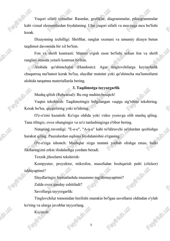 hilar slaydni o'qiyotganda, siz jim turing. vaqtni boshqarish: belgilangan vaqtga qat'iy rioya qiling. vaqtdan oshib ketish tinglovchining sabrini sinaydi. savol-javob sessiyasi: savollarni diqqat bilan tinglang. agar tushunmasangiz, savolga aniqlik kiriting. qisqa va aniq javob bering. barcha tinglovchilarga yuzlanib javob bering. qiyin savollarni professional tarzda boshqaring ("bu murakkab savol, hozircha aniq javob berolmayman, ammo keyinroq xabardor qilaman" kabi). kuchli yakun: asosiy fikrlarni qisqacha xulosa qiling. taqdimotning boshida aytgan asosiy xabaringizni yana bir bor ta'kidlang. aniqlik, ishonch va esda qolarli yakuniy jumlalar bilan yakunlang. taqdimotdan keyin minatdorchilik: tinglovchilarga e'tiborlari uchun minnatdorchilik bildiring. mavjud materiallarni tarqatish: agar va'da bergan bo'lsangiz, slaydlar yoki qo'shimcha materiallarni o'z vaqtida yuboring. o'z-o'zini tahlil qilish: taqdimotingiz qanday o'tganini tahlil qiling. nima yaxshi chiqdi? nimani yaxshilash kerak? bu keyingi taqdimotlaringiz uchun muhim tajriba bo'ladi. xulosa og'zaki nutqda samarali taqdimot tayyorlash murakkab, ammo o'rganilishi mumkin bo'lgan san'atdir. u tizimli rejalashtirish, kontentni puxta tayyorlash, vizual yordamlardan to'g'ri foydalanish va eng muhimi …