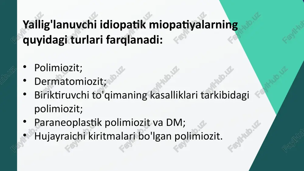 ruvchiyallig'lanish infiltratlari: faol fagositoz yoki faol regenerasiya belgilari. davosi. davolash asosi yallig'lanishga qarshi terapiya va keyin remissiya holatini ushlab turish. dorilar bilan davolash. gk tanlov preparati bo'lib xizmat qiladi (prednizolon). kasallikning o'tkir davrida prednizolonning boshlang'ich dozasisutkasiga 1 mg/kg. 4 hafta davomida yaxshi tomonga o'zgarish bo'lmasa dozani oyiga 0,25mg/kg dan 2 mg/kg gacha ko'paytiriladi. bunda klinik laborator tekshirish natijalarihisobga olinadi klinik - laborator remissiyasiga erishilgandan so'ng (davolashboshlangandan 4 6 hafta keyin) prednizolon dozasi asta-sekin kamaytiriladi (1/4kunlik doza har oy davomida klinik laborator belgilar nazorati ostidakamaytiriladi, salbiy dinamikada doza yana ko'paytiriladi) davolashning umumiy vaqti taxminan 2-3 yil puls-terapiya yuvenil polimiozitda yoki kattalarning avjolib ketgan disfagiyasi va sistem belgilari bo'lgan polimiozit dermatomiozitda qo'llaniladi . davosi. 80 mg/kunda va undan yuqori dozada 4 oy davomida prednizolon qabul qilingandan so'ng mushak kuchi oshmasa, steroid miopatiya, miozit, yallig'lanish miopatiyalarga aloqasi bo'lmagan mushaklar patologiyasi to'g'risida o'ylash lozim. «steroid saqlovchi»> natijaga erishish maqsadida immunodepressiv moddalar ishlatiladi. metotreksat og'iz …
