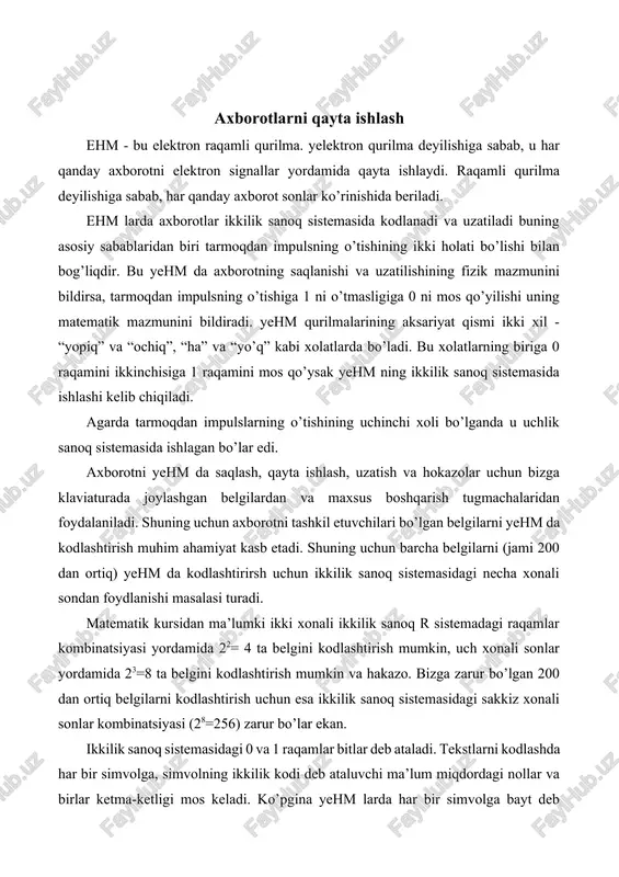 0100000 kodiga bir so’zni ikkinchi so’zdan ajratish uchun qo’llaniladigan bir simvol kattaligidagi bo’sh oraliq (probel) mos keladi. o’zbek harflarinng kodlari lotin harflarining kodlaridan farq qiladi. 0 va 1 larni tuzilgan ma’lumotlar uchun undagi bitlar sonini sanab, sonli o’lchov kiritish, axborot hajmini baholash mumkin. masalan, "ilmli kishi" ma’lumot koi-8 kodida 10 bayt yoki 80 bit axborot hajmga ega. ma’lumotlarni ifodalashda ishlatadigan belgilarga mos keluvchi kodlar quyidagi jadvalda keltirilgan. kod simvol kod simvol kod simvol kod simvol 00100000 [] 00110000 0 01000000 @ 01010000 r 00100001 ! 00110001 1 01000001 a 01010001 q 00100010 " 00110010 2 01000010 b 01010010 r 00100011 # 00110011 3 01000011 c 01010011 s 00100100 $ 00110100 4 01000100 d 01010100 t 00100101 % 00110101 5 01000101 e 01010101 u 00100110 & 00110110 6 01000110 f 01010110 v 00100111 ‘ 00110111 7 01000111 g 01010111 w 00101000 ( 00111000 8 01001000 h 01011000 x 00101001 ) 00111001 …