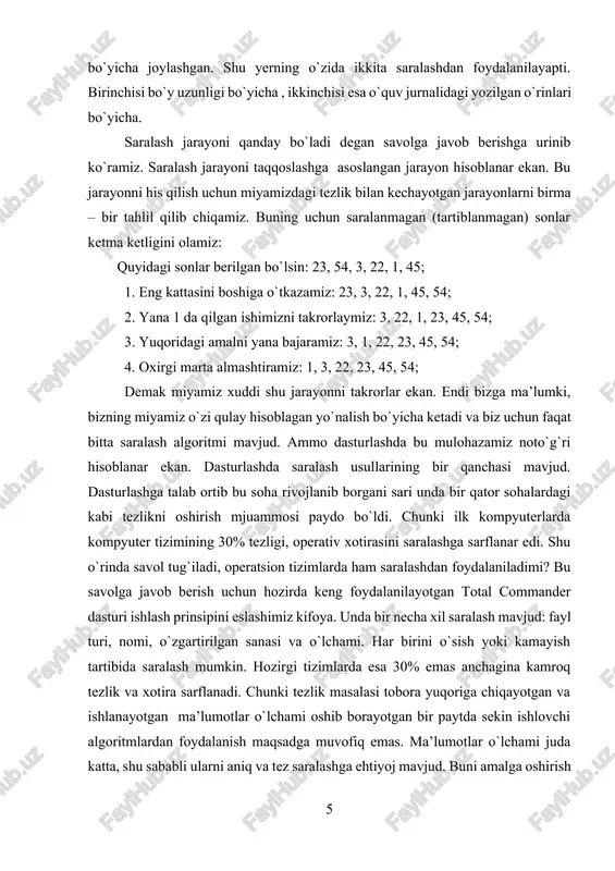 saralashga ehtiyoj mavjud. buni amalga oshirish uchun esa yangi algoritmlarga ehtiyoj tug`ila boshladi. buni yechimi sifatida bir necha turdagi algoritmlardan foydalaniladi. ular quyidagilar: 1. bubble sort saralash algoritmi 2. selection sort saralash algoritmi 3. insertion sort saralash algoritmi 4. quick sort saralash algoritmi 5. merge sort saralash algoritmi saralash – bu berilgan to’plam elementlarini biror bir tartibda joylashtirish jarayonidir. saralashni maqsadi tartiblangan to’plamda kerakli elementni topishni osonlashtirishdan iborat. saralash dasturlarni translyasiya qilinayotganda, ma’lumotlar majmuasini tashqi xotirada tashkil qilinayotganda, kutubxonalar, kataloglar, ma’lumotlar bazasi yaratilayotganda tadbiq qilinadi. ma’lumki, saralashning turli hil algoritmlari mavjud. sababi, bitta masalani saralash uchun juda ko’plab turli hil algoritmlardan foydalanish mumkin. berilgan masalani hal qilishda ba’zilari mukammal bo’lishi mumkin. shuning uchun saralash masalasida algoritmlarni qiyosiy tahlilini o’tkazish zarurati paydo bo’ladi. saralash masalasini qo’yilishini quyidagicha yozish mumkin. faraz qilaylik, a1, a2 ,…, an, elementlar ketma-ketligi berilgan bo’lsin. u holda saralash algoritmi elementlarni massivga shunday joylashtiradiki, natijada ular qandaydir munosabatga …