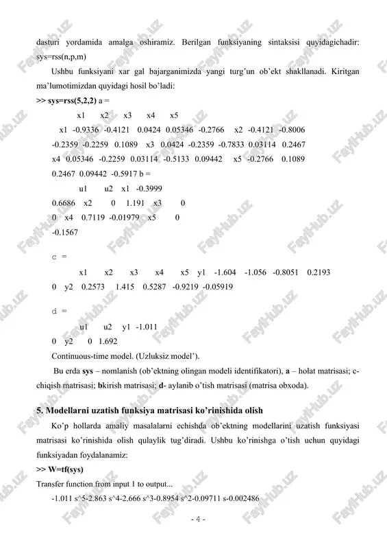 aruvchanlik hisoblanadi. aniqlash: boshqarilayotgan sistema (ob’ekt) boshqariladigan deb ataladi, agarda rn fazo tekisligidagi x0 va x f nuqtalarda [to,tf] vaqt oraliqlarida aniqlangan va sistemani boshlang’ich x(t0)= x0 nuqtadagi holatdan oxirgi x(t f )= x f nuqtadagi holatga o’tkazadigan mumkin bo’lgan boshqarish mafjud bo’lsa. boshqacha qilib aytganda, agar ob’ekt to’liq boshqariladigan bo’lsa, unda u vaqt davomida boshlang’ich holatdan boshqa turlicha holatga o’tishi mumkin. quyidagi tenglama berilgan bo’lsin: x& =ax+bu, xîrn , uîrr , ushbu tenglama stasionar sistemani tavsiflaydi. a va v matrisalar o’zgarmas bo’lib hisoblanadi. matrisani ko’rib chiqamiz: y=[b ab a2b ... an-1b], bu matrisaning ustunlari b matrisa va ab, a2b, ..., an-1b matrisalarning ko’paytmalaridan tashkil topgan. bu matrisa boshqaruvchanlik matrisasi deb ataladi. chiziqli stasionar ob’ektni to’liq boshqaramiz, qachonki boshqaruvchanlik matrisasi maksimal rangga ega bo’lsa, ya’ni yning rangi n ga teng bo’lsa. matlab komandalar qatorida boshqaruvchanlik matrisasini quramiz. >> mu=ctrb(sys.a,sys.b) mu = -0.3999 0.6686 0.4114 -1.0727 -0.4553 1.4782 0.5375 -1.9984 -0.6593 …