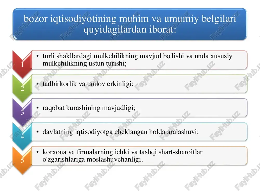 irboshlashda vaqt va masofa bo'lmay, bir vaqtning o'zida o'sha joyda almashuv jarayoni sodir bo'lgan. t p t bozor ishlab chiqaruvchilar va iste'molchilar, sotuvchilar va xaridorlar o'rtasida pul orqali ayirboshlash (oldi-sotdi) jarayonida bo'ladigan iqtisodiy munosabatlar yig'indisidir. bozorning asosiy belgilari quyidagilardan iborat: - sotuvchi va xaridorlarning o'zaro kelishuvi, ekvivalentlilik printsipi asosida ayirboshlash; - sotuvchilarning xarajatlari qoplanib, foyda olishi; - to'lovga layoqatli bo'lgan xaridorlarning talabini qondirish va raqobatchilik. bozor ob'ekti iqtisodiy resurslar tovar va xizmatlar pul va unga tenglashtirilg an moliyaviy aktivlardir. sub'ekti sotuvchi va sotib oluvchi uy xo'jaliklar i tadbirkorl ik sektori davlat bank • – bozor iqtisodiyotining faoliyat qilishini tartibga solishni va iqtisodiy jarayonlarni uyg'unlashtirishni ta'minlaydigan dastak va vositalar. bozor mexanizmi • – ayirboshlash munosabatlariga jalb qilingan iqtisodiy faoliyat natijalari va iqtisodiy resurslar, tovar, pul va unga tenglashtirilgan moliyaviy aktivlar. bozor ob'ekti • – ayirboshlash munosabatlari qatnashchisi. bozor sub'ekti bozorning asosiy vazifasi ishlab chiqaruvchilar tomonidan yaratilgan tovar va xizmatlarni, iqtisodiy resurslarni …