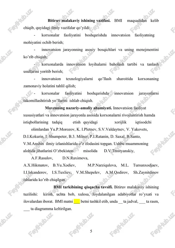 etishga, yuqori malakali, iqtidorli ilmiy kadrlar sonini ko’paytirishga asoslanadi. bu mamlakatimiz jahondagi iqtisodiyoti va sanoati rivojlangan davlatlar qatoriga kirib borishining zarur sharti va mustahkam poydevori bo’lib xizmat qiladi”[footnoteref:4] deb ta’kidlagan edi. darhaqiqat xxi asr boshida shu narsa ma’lum bo’ldiki, ilmiytexnik rivojlanish darajasi va innovatsion muhit (ilm-fan, ta’lim, yangi texnologiyalarning mahalliy va jahon bozorlari) barqaror iqtisodiy o’sishga asos bo’lishi mumkin ekan. yurtboshimiz mamlakatimizdagi innovatsion o’zgarishlarga e’tibor qilib, “...ishlab chiqarishni modernizatsiya qilish, texnik yangilash va diversifikatsiya qilish, innovatsion texnologiyalarni keng joriy etish – o’zbekiston uchun inqirozni bartaraf etish va jahon bozorida yangi marralarga chiqishning ishonchli yo’lidir”[footnoteref:5] deb, respublikamizda bugungi kunda amalga oshirilishi zarur bo’lgan masalalar, jahon moliyaviy inqirozi, uning ta’siri va salbiy oqibatlari, yuzaga kelayotgan vaziyatdan chiqish yo’llari haqida to’xtalib, ishlab chiqarish va xizmat ko’rsatish sohalarini samarali faoliyat yuritilishi zarurligini ta’kidladi. [4: i.a.karimov. “o’zbekiston xxi asr bo’sag’asida xavfsizlikka tahdid, barqarorlik shartlari va taraqqiyot kafolatlari “– t.: o’zbekiston, 1997 y..260-b.. ] [5: karimov …
