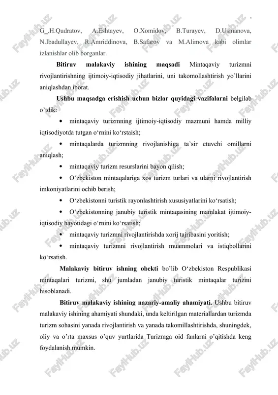 yotda tutgan o‘rni so‘ngi yillarda turizmning tez sur’atlarda o‘sishi va ta’sir doirasining kuchayishi dunyo mamlakatlari o‘rtasida aloqalarning rivojlanishida muhim omil bo‘ldi. shuningdek, turizm jahon va milliy iqtisodiyotga sezilarli ta’sir ko‘rsatmoqda. turizm mintaqaviy daromadning o‘sishi, infrastrukturaning shakllanishi, yangi ish joylarini yaratish orqali bandlik muammosini hal qilish, davlatlar va mintaqalar o‘rtasidagi aloqalarni rivojlantirgan holda, mintaqaviy rivojlanishning barcha tamonlariga ta’sir etadi. shunday ekan oldimizda turgan asosiy vazifalardan biri mamlakatimizda mintaqaviy turizmni rivojlantirishdir. turizm mamlakatimiz iqtisodiyotida qishloq xo‘jaligi, sanoat, transport va boshqa makroiqtisodiy tarmoqlar qatori o‘zining munosib o‘rniga ega bo‘lishi uchun yetarlicha resurslarga ega. mamlakatimizda turizmni rivojlantirish imkoniyatlari bo‘yicha markaziy osiyo davlatlari ichida yetakchi hisoblanadi. turizmning rivojlanishi davlat uchun ham juda foydalidir. xususan u turizmni rivojlantrish evaziga o‘z iqtisodiyotining yuksalishiga erishadi, davlat byudjetiga tushumlarning ko‘payishini ta’minlaydi, tabiiy resurslarni asrab-avaylashga erishadi, mamlakatning ijtimoiy barqarorligini ta’minlashga harakat qiladi va unga erishadi, xalqaro aloqalarga erishadi, madaniy aloqalar kengayadi, valyuta tushumi ko‘payadi va h.k. turizm iqtisodiyotning tarkibiy qismi …