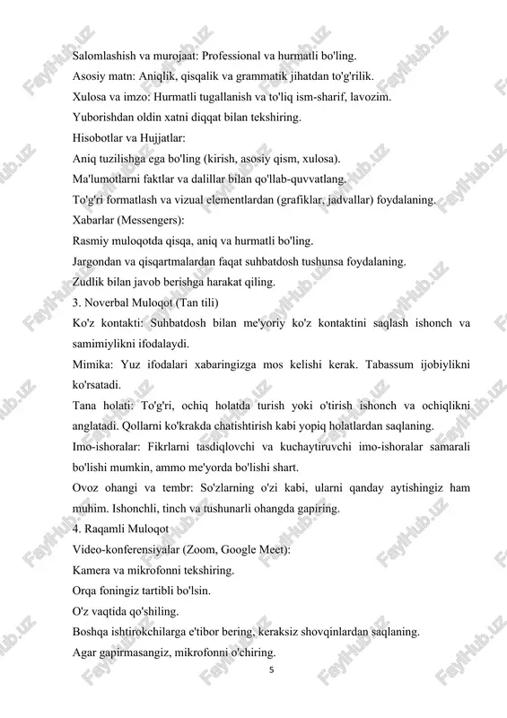 giyalari va ularni qo'llash. o'zbekiston matbuoti, 2020. 4. qodirov, b. muloqotning turli shakllari va ularning samaradorligi. toshkent: o'qituvchi, 2018. 5. yusufov, s. muloqotda qiyinchiliklarni yengish usullari. sanoat va innovatsiya, 2022. 1