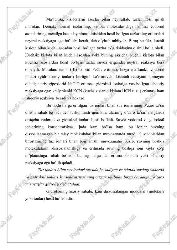 mutlaqo birikmaydi. buning aksicha sirka kislota juda kuchsiz kislota bo’lganidan ch3coo- ionlari eritmada suvning vodorod ionlari bilan uchrashganda ular bilan darhol birikadi va ch3cooh molekulalarini hosil qiladi. eritmada vodorod ionlarining kamayishi suv molekulalari bilan uning ionlari o’rtasidagi muvozanatni buzadi va suvning dissosialanishiga sabab bo’ladi; yangi vodorod ionlari hosil bo’ladi, bular ham, o’z navbatida, asetat- ionlar bilan birikib sirka kislota molekulalariga aynaladi va hokazo, shu bilan bir vaqtda eritmada gidroksil ionlarining soni ortadi. biroq reaksiya shu yo’nalishda uzoq davom etmaydi. suvning ion ko’paytmasi [h,] . [oh] = 10 -14 o’zgarmas kattalik bo’lganidan, gidroksil ionlari to’plangan sari vodorod ionlarining konsentratsiyasi kamaya boradi va tez orada shu qadar ozayib ketadiki bu ionlarning ch3coo- ionlari bilan birikishi uchun imkoniyat qolmaydi. shu vaqtda suv molekulalari bilan uning ionlari o’rtasida ham, sirka kislota ch3cooh molekulalari bilan h+ va ch3coo- ionlari o’rtasida ham yangi muvozanat qaror topadi va gidroksil ionlarining to’planish protsessi to’xtaydi. shunday qilib, natriy asetat …