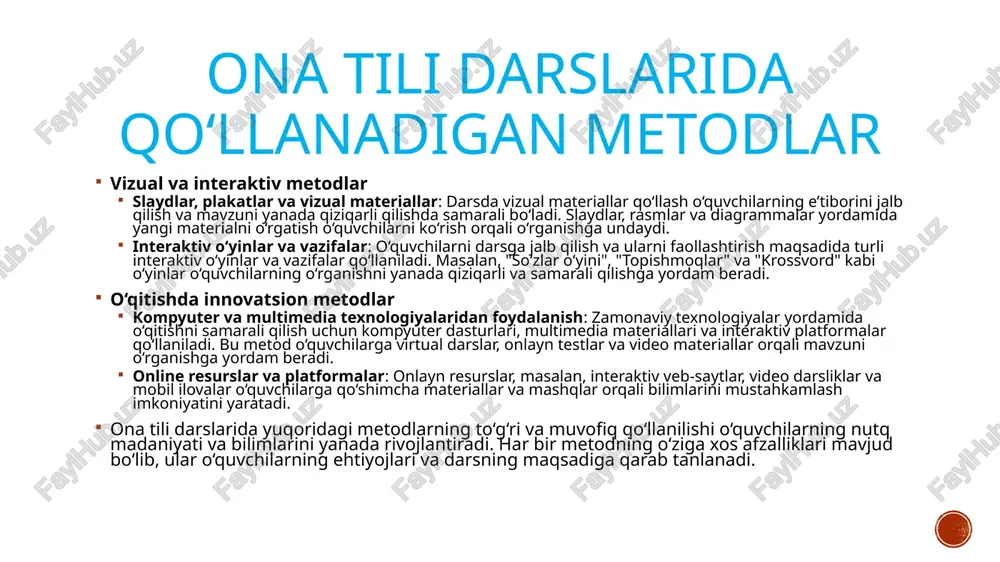 interaktiv resurslardan foydalanadilar. bu metod o‘quvchilarga o‘rganishni yanada moslashtirish va o‘z vaqtida bilim olish imkoniyatini yaratadi. metodlarning afzalliklari va kamchiliklari nutq metodlari afzalliklari: nutqni rivojlantiradi, o‘quvchilarni erkin muloqot qilishga o‘rgatadi, fikrlarini aniq ifodalashga yordam beradi. kamchiliklari: o‘quvchilarda nutqdagi xatolarni tuzatish vaqt talab qiladi, ba’zilar gapirishda qiyinchiliklarga duch kelishi mumkin. o‘qish va yozish metodlari afzalliklari: o‘quvchilarni o‘qish va yozish ko‘nikmalarini rivojlantiradi, fikrlarni tizimli ifodalashga yordam beradi. kamchiliklari: yozishdagi xatolarni tuzatish vaqt oladi, ba’zi o‘quvchilar yozishni zerikarli deb bilishi mumkin. vizual va interaktiv metodlar afzalliklari: o‘quvchilarning e’tiborini jalb qiladi, mavzuni yaxshiroq tushunishga yordam beradi, o‘rganish qiziqarli bo‘ladi. kamchiliklari: ba’zan vizual materiallar diqqatni tarqatishi mumkin, texnologiyalarga kirish imkoni cheklangan bo‘lishi mumkin. innovatsion metodlar (kompyuter texnologiyalari, online platformalar) afzalliklari: o‘quvchilarga o‘z vaqtida bilim olish imkonini beradi, interaktiv tajriba yaratadi. kamchiliklari: texnik nosozliklar bo‘lishi mumkin, internetga kirish imkoniyati cheklangan joylarda qiyin bo‘lishi mumkin. kolaborativ metodlar (guruhlar bilan ishlash) afzalliklari: jamoaviy ishlashni o‘rgatadi, o‘quvchilar o‘zaro yordam …
