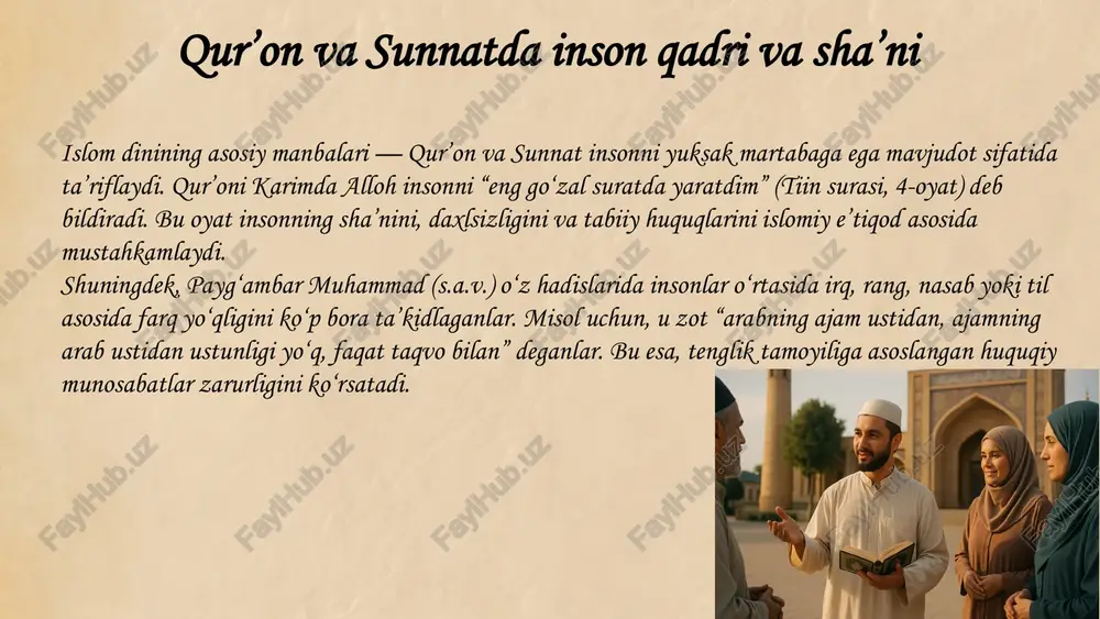 sha’niga hurmat kabi qadriyatlar orqali islom zamonaviy ijtimoiy muammolarga ham yechim taklif qiladi. tolerantlik tushunchasi va islomdagi asoslari tolerantlik — bu boshqalarning e’tiqodi, fikri, madaniyati, irqiy yoki ijtimoiy tafovutlarini hurmat qilish, ularga murosali yondashish tamoyilidir. islom dini ushbu tushunchani chuqur falsafiy va amaliy jihatdan targ‘ib etadi. qur’oni karimda alloh bandalariga: “sizlar uchun diningiz — siznikidir, men uchun esa dinim — meniki” (kofirun surasi, 6-oyat), — deb bildiradi. bu oyat, dindor bo‘lmaganlar bilan ham tinch-totuv yashash, ularning e’tiqodiga majburlab aralashmaslik prinsipini ifodalaydi. islomda majburlash, tahqirlash, zo‘ravonlik orqali da’vat qilish man etiladi. payg‘ambar muhammad (s.a.v.) amaliyotida bag‘rikenglik rasululloh muhammad (s.a.v.) o‘z hayotlarida turli din va millat vakillariga nisbatan murosali, hurmatli va adolatli munosabatda bo‘lganlar. ayniqsa, madinaga hijrat qilganlarida tuzilgan madina konstitutsiyasi bu borada tarixiy hujjat hisoblanadi. ushbu konstitutsiya asosida musulmonlar, yahudiylar va boshqa guruhlar o‘z dinlarida erkin yashash huquqiga ega bo‘lishgan. nabiy (s.a.v.) ularning huquqlarini buzmaslik, mol-mulklariga tajovuz qilmaslikni qat’iyan buyurganlar. ahl …