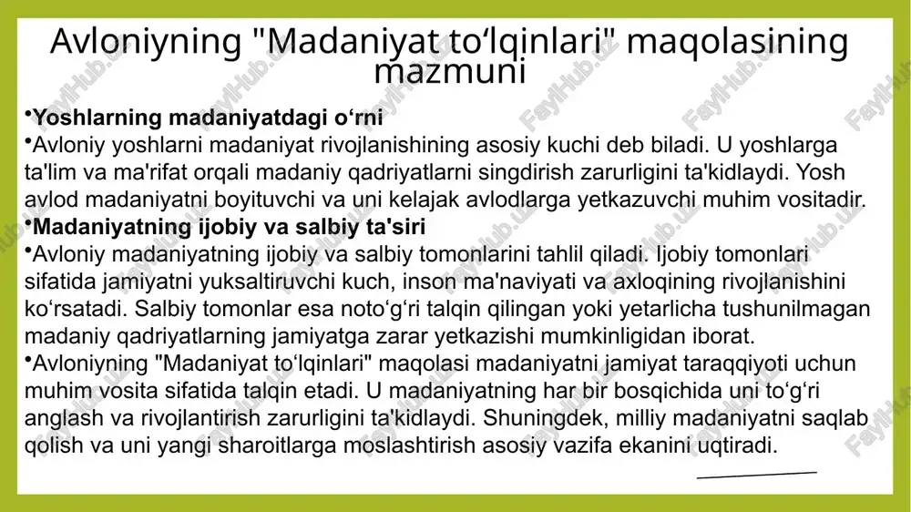 iy g‘oyasi — insoniyatning madaniy va texnologik taraqqiyotidagi muhim o‘zgarishlarni yoritishdir. avloniy madaniyatning ma’naviy va axloqiy ahamiyatini ta’kidlaydi. u yosh avlodni milliy qadriyatlarni asrash va rivojlantirishda asosiy kuch deb biladi. avloniy madaniyatni milliyligidan ajralmagan holda saqlashni muhim vazifa sifatida ko‘radi. toffler esa texnologiyalarni jamiyat rivojlanishining bosh omili sifatida ko‘radi. uning fikricha, texnologiyalar jamiyatni yangi bosqichga olib chiqib, global madaniyatning shakllanishiga yordam beradi. toffler kelajak jamiyati bilimga asoslangan iqtisodiyotga o‘tishini ta’kidlaydi. qiyosiy tahlil natijalari quyidagilarni ko‘rsatadi: avloniy milliy madaniyatni saqlash va uning yosh avlod tarbiyasidagi ahamiyatini ta’kidlasa, toffler texnologiyalar va globallashuvning madaniyatga olib keladigan yangi imkoniyatlariga urg‘u beradi. har ikki muallif taraqqiyotga bo‘lgan o‘z yondashuvlarida insoniyatni oldinda kutayotgan o‘zgarishlarga tayyor bo‘lish zarurligini ta’kidlaydi. image4.jpeg image5.jpeg image6.jpeg image7.jpeg /docprops/thumbnail.jpeg