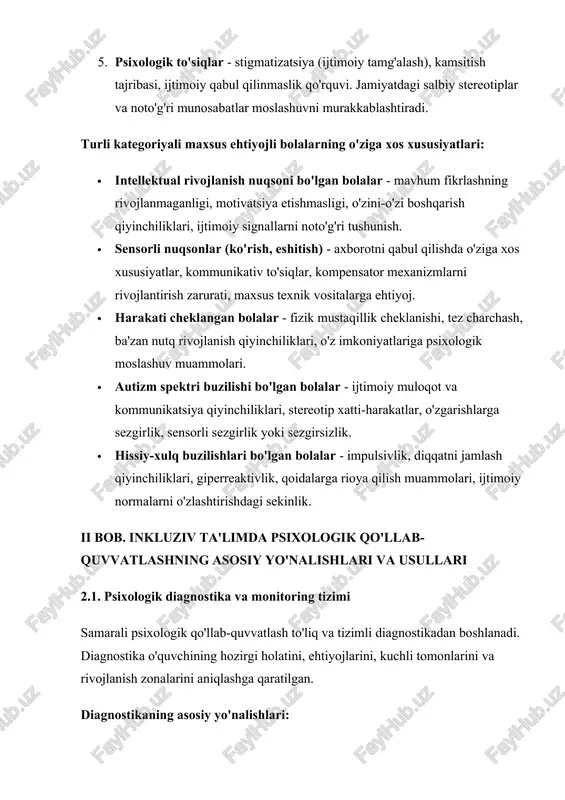 metriya (j. moreno), "mening sinfim" metodikasi, rogov muloqot ko'nikmalari anketi, ijtimoiy vaziyatlarni hal qilish metodikasi. 4. moslashuv ko'rsatkichlari monitoringi - o'quvchining moslashuv jarayonidagi dinamikasi, o'quv yutuqlari, xulq-atvor o'zgarishlari, emotsional holatning o'zgarishi muntazam kuzatib boriladi. diagnostika tamoyillari inkluziv muhitda: · komplekslilik - bolaning barcha rivojlanish jihatlari hisobga olinadi · individuallik - har bir bolaning o'ziga xos xususiyatlari inobatga olinadi · dinamiklik - rivojlanish jarayonida muntazam qayta diagnostika o'tkaziladi · gumanistiklik - diagnostika bolaning manfaatlariga xizmat qiladi va uni zarar etkazmasligi kerak · professionallik - diagnostikani malakali mutaxassislar amalga oshiradi 2.2. individual psixologik maslahat va korreksion ishlash individual psixologik yordam inkluziv ta'limda psixologik qo'llab-quvvatlashning markaziy yo'nalishidir. u har bir o'quvchining o'ziga xos ehtiyojlari va muammolariga yo'naltirilgan. individual maslahat yo'nalishlari: 1. o'z-o'zini anglash va qabul qilishga yordam - o'quvchiga o'zining kuchli va zaif tomonlarini to'g'ri baholashga, o'zini qabul qilishga, o'ziga ishonchni rivojlantirishga yordam berish. bu ayniqsa maxsus ehtiyojli bolalar uchun muhim, chunki ular …