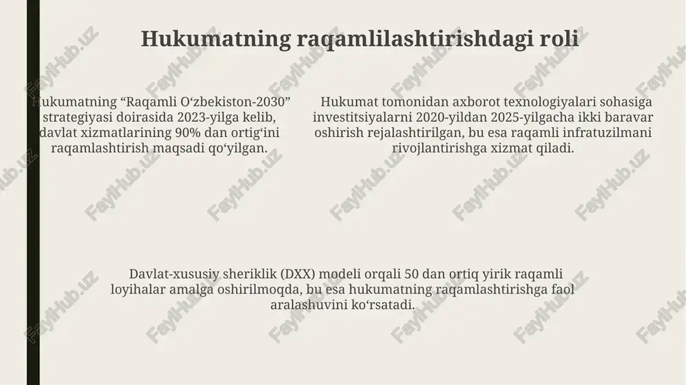 ni rivojlantirish bo'yicha xitoyning 5g tarmog'ining keng qamrovli joriy etilishi 2025 yilga kelib yaimga 15% qo'shilishini kutishmoqda. estoniyaning raqamli iqtisodiyot strategiyasi "innovatsiyalar va texnologiyalar" sohasida davlat-xususiy sheriklik modellarini qo'llab-quvvatlab, 2024 yilga kelib eksport hajmini 25% ga oshirishni maqsad qilgan. estoniyaning raqamli iqtisodiyot strategiyasi "innovatsiyalar va texnologiyalar" sohasida davlat-xususiy sheriklik modellarini qo'llab-quvvatlab, 2024 yilga kelib eksport hajmini 25% ga oshirishni maqsad qilgan. muvaffaqiyatlar va qiyinchiliklar oʻzbekistonning raqamli iqtisodiyotga oʻtishdagi muvaffaqiyatlaridan biri 2020-yildan keyin mobil internet foydalanuvchilarining 70% dan oshishi va yuqori tezlikdagi internetga kirish imkoniyatining kengayishi boʻldi. estoniyaning elektron hukumat tizimining samaradorligi va yuqori darajadagi raqamli savodxonligi bilan birga, kichik aholi soni va global miqyosdagi raqobatbardoshlikka erishishdagi cheklangan imkoniyatlar muayyan qiyinchiliklarni keltirib chiqarmoqda. xitoyning katta hajmdagi maʼlumotlarni qayta ishlash va sunʼiy intellekt sohasidagi yutuqlari jahon boʻyicha etakchi oʻrinni egallagan boʻlsa-da, axborot xavfsizligi va shaxsiy hayot sirini himoya qilish masalalari jiddiy qiyinchiliklar tugʻdirmoqda. axborot texnologiyalari infratuzilmasi uzbekistanning raqamli infratuzilmasi rivojlanishida xususiy sektorning …