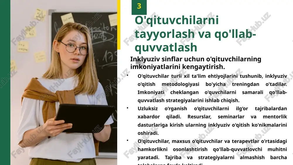 rslarning talabalar ehtiyojlarini qondirish uchun samarali taqsimlanishini ta'minlash. inklyuziv ta'lim dasturlari samaradorligini baholash uchun muntazam ravishda dasturlarni baholashni o'tkazish. yaxshilash kerak bo'lgan sohalarni aniqlang va javobgarlikni ta'minlang. ma'lumotlar va baholash natijalarini manfaatdor tomonlar bilan almashish. oshkoralik va hamkorlikni rivojlantirish uchun ota-onalar, o'qituvchilar va ma'murlar. 11 10 rahmat inklyuziv ta'limga bo'lgan fidoyiligingiz uchun tashakkur. vaqtingiz va inklyuziv o'quv muhitini yaratishga bag'ishlaganingiz uchun tashakkur. sizning sa'y-harakatlaringiz nogiron bolalar hayotini tubdan o'zgartiradi. keling, inklyuziv ta’limni rivojlantirish bo‘yicha hamkorlikni davom ettiraylik. barcha bolalar o'z imkoniyatlarini to'liq ro'yobga chiqarish imkoniyatiga ega bo'lishini ta'minlash. sizning inklyuziv ta'limga sodiqligingiz bolalarga kuch beradi. u hamma uchun adolatli va adolatli jamiyat quradi. birgalikda ishlash orqali biz barcha bolalarni qadrlaydigan, hurmat qiladigan va qamrab oladigan dunyoni yaratishimiz mumkin. kelajak avlodlar hayotiga ijobiy ta'sir ko'rsatish. 12 image1.jpeg image2.jpeg image3.png image4.jpeg image5.jpeg image6.jpeg image7.jpeg image8.jpeg image9.jpg image10.jpeg image11.jpeg image12.jpeg