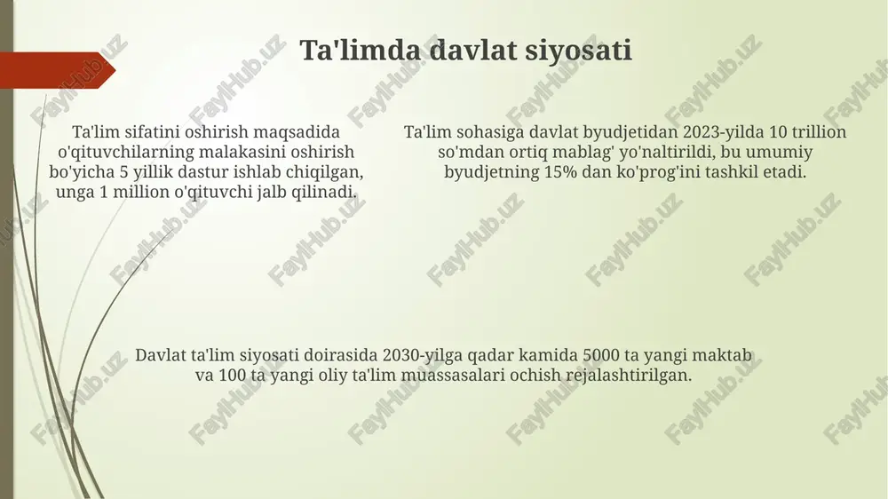 irish kurslarida qatnashish darajasi kamida 70% bo'lishi va har yili kamida 2 ta yangi metodlarni qo'llash talab etiladi. baholash va monitoring o'qituvchilarning baholash va monitoring natijalari bo'yicha kamida 80% o'quvchilarning maqsadlarga erishishi ta'minlanishi kerak, aks holda o'quv dasturiga tuzatish kiritish zarur. monitoring, o'quv jarayonining samaradorligini kuzatish va tahlil qilishni nazarda tutib, kamida 2 marta sinf ishlari va 1 marta mustaqil ishlarni nazorat qilishni o'z ichiga oladi. baholash jarayoni o'quvchining 3 ta asosiy ko'nikmasini – bilimlarini, ko'nikmalarini va malakalarini baholashni o'z ichiga oladi, bu esa 5 ball shkalasi bo'yicha amalga oshiriladi. innovatsion ta'lim texnologiyalari virtual va kiber-reallik texnologiyalaridan foydalanish, ta'lim jarayoniga 3d modelirovanie va simulyatsiya kabi yangi imkoniyatlarni qo'shib, o'quvchilarning faol ishtirokini ta'minlaydi. innovatsion ta'lim texnologiyalari, 50 dan ortiq turli o'quv platformalari va resurslarini o'z ichiga oladi, bu esa o'quv jarayonini yanada samarali va interaktiv qilish imkonini beradi. onlayn ta'limning samaradorligini oshirish uchun, innovatsion texnologiyalar orqali 20% gacha vaqt tejash va …