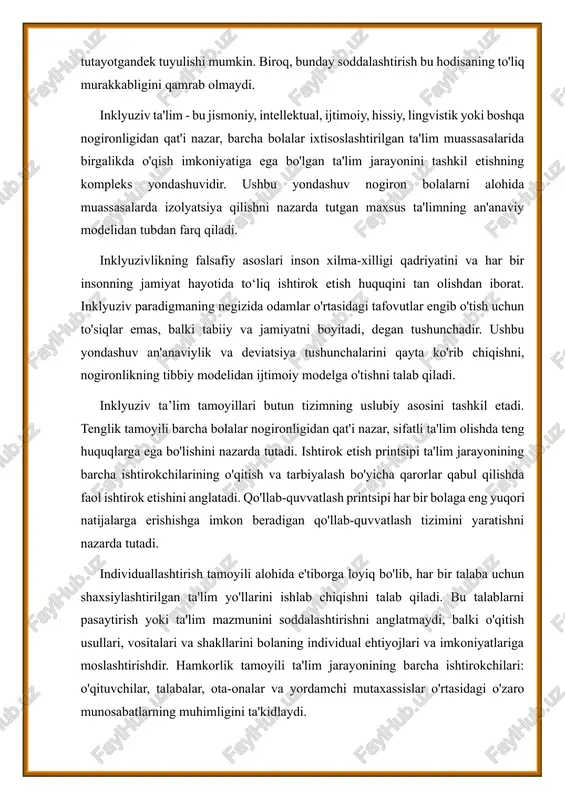 onidan ratifikatsiya qilingan bmtning nogironlar huquqlari to'g'risidagi konventsiyasida ta'limga oid maxsus modda mavjud bo'lib, u davlatlarni barcha darajadagi inklyuziv ta'lim tizimini ta'minlashga majbur qiladi. hujjatda nogironligi bo‘lgan bolalarning maksimal darajada akademik va ijtimoiy rivojlanishi uchun qulay sharoit va individual yordam ko‘rsatish zarurligi ta’kidlangan. "rossiya federatsiyasida ta'lim to'g'risida" federal qonuni rossiya qonunchiligida asosiy rol o'ynaydi, birinchi marta qonunchilik darajasida inklyuziv ta'lim kontseptsiyasini o'rnatadi va uni amalga oshirishning asosiy tamoyillarini belgilaydi. qonun barcha o‘quvchilarning, shu jumladan, nogironlarning ta’lim olish huquqini kafolatlaydi va ta’lim muassasalarining bunday bolalar uchun alohida ta’lim sharoitlarini yaratish bo‘yicha majburiyatlarini belgilaydi. nogiron bolalar uchun federal davlat ta'lim standartlari moslashtirilgan asosiy umumiy ta'lim dasturlarining tuzilishi, amalga oshirish shartlari va ta'lim natijalariga qo'yiladigan talablarni belgilaydigan printsipial jihatdan yangi hujjatdir. ushbu standartlar turli nogironligi bo'lgan bolalarning rivojlanish xususiyatlarini hisobga oladi va ta'limning moslashuvchan shakllarini nazarda tutadi. normativ-huquqiy baza ta'lim vazirligining idoraviy hujjatlari bilan to'ldirilib, ularda inklyuziv ta'limni amalga oshirish mexanizmlari, alohida sharoitlar …