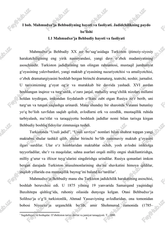 shakuriy) qishloqlarida yangi maktablar tashkil topdi. adib bu maktablar uchun darsliklar tuzishga kirishadi. ketma-ket “risolai asbobi savod” (1904), “risolai jugʻrofiyai umroniy” (1905), “risolai jugʻrofiyai rusiy” (1905), “kitobatul-atfol” (1908), “amaliyoti islom” (1908), “tarixi islom” (1909) kabi kitoblari paydo boʻladi. 1903–1904 yillarda maskov, peterburgga boradi, 1907 yilda qozon, ufa, nijniy novogorodda boʻladi. bular sayohat emas, xizmat safari edi. masalan: nijniy novogorodda 1907 yilning 23 avgustida rusiya musulmonlarining turmush va madaniyati muammolariga bagʻishlangan qurultoyi chaqiriladi. behbudiy turkistonliklar guruhini boshqaradi va katta nutq soʻzlaydi . maʼrifat uchun birgina maktab kifoya qilmaydi. zamon va dunyo voqealari bilan tanishib bormoq kerak. millat va vatanning ahvolidan, kundalik hayotidan ogoh boʻlmoq lozim. millat uchun oyna kerak, toki undan oʻz qabohatini ham malohatini ham koʻra olsin. mana shu ehtiyoj va zarurat behbudiyni teatr va matbuotga boshladi. “padarkush” dramasi shu tariqa maydonga keldi. biroq uning dunyo koʻrishi oson kechmadi. “padarkush” dramasi 1913 yildagina bosilib chiqadi. kitob jildiga “borodino jangi va …