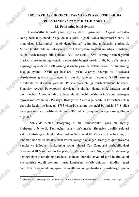 nligi xuddi shu qarama-qarshiliklar belgisi ostida o‘tdi. qirol hokimiyatini mustahkamlashga qaratilgan navbatdagi urinishlar hech qanday natija bermadi. ukrainada 1637-1638 yillardagi dehqon-kazak qoʻzgʻoloni shafqatsizlarcha bostirildi va 10 yil davomida aldamchi tinchlik hukmronlik qildi. xvi asrning oxirida, livoniya urushidagi g‘alabadan so‘ng, hamdo‘stlikning tashqi siyosiy pozitsiyalari juda kuchli bo‘lib tuyuldi. u sharqiy yevropada yetakchilik uchun gabsburglar bilan raqobatlashgan yevropa kuchlaridan biri edi. biroq, xvii asrning birinchi yarmida. vaziyat o‘zgara boshladi. 1600-1605 polsha-shved urushi shvetsiya taxtini egallashga intilgan sigismund iii ning harbiy muvaffaqiyatlariga qaramay, behuda tugadi. 1609-yilda boshlangan rossiyaga ochiq harbiy interventsiya smolensk va chernigov yerlarining hamdo‘stlikka qo‘shib olinishiga olib keldi, uning siyosiy ta’sirini mustahkamlamadi. 1611-yilda polsha dietasi sharqiy prussiyaga merosxo‘rlik huquqini brandenburgga o‘tkazdi va 1618-yilda ikki hudud gohenzollernlar hukmronligi ostida birlashtirilib, polshani grunvald jangi paytida kurashgan tahdid ostida yana bir bor qo‘ydi. 1620-yilda polsha armiyasi tsetsor yaqinida turklar tomonidan og‘ir mag‘lubiyatga uchradi va 1621-yilda xotin yaqinidagi g‘alaba zaporojye armiyasining jangda ishtirok etishini ta’minladi, …