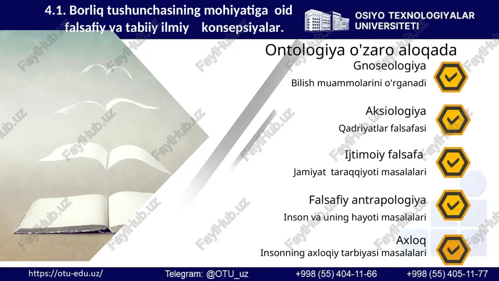 i yuklangan, dastlabki signalni farqlash va aniq adresatni aniqlash mumkin bo'lmagan cheksiz kompyuterni eslatadi 1 2 3 4.5. borliqda substrat, substansiya va materiyaning o‘zaro aloqasi. 4.5. borliqda substrat, substansiya va materiyaning o‘zaro aloqasi. uyga vazifa taqdimot, aqliy hujum, yo‘naltiruvchi matn, munozarali dars, munozara. talabalarga o‘quv topshirig‘i sifatida taqdim qilinadi: fikrlaringizni yozing: borliq nima? foydalanilgan adabiyotlar 1. shermuhamedova n. falsafa, darslik – toshkent: idris abdurauf nashr, 2021.667-b. 2. davronov z., shermuhamedova n, qahharova m, nurmatova m, husanov b, sultonova a. falsafa, o’quv qo’llanmasi – toshkent: tmu, 2019. – 375 b 3. saifnazarov i., muxtorov a., ernazarov d, usmonov f. falsafa, o’quv qo’llanmasi –toshkent: innovasion rivojlanish nashriyot –matbaa uyi, 2021. – 424 b. 4. madaeva sh., shermuhamedova n.va boshqalar falsafa, o’quv qo’llanmasi. – toshkent: 2019 5. chumakov a.n. filosofiya, uchebnik.– m.: infra. 2018.– 320 c. e’tiboringiz uchun raxmat!