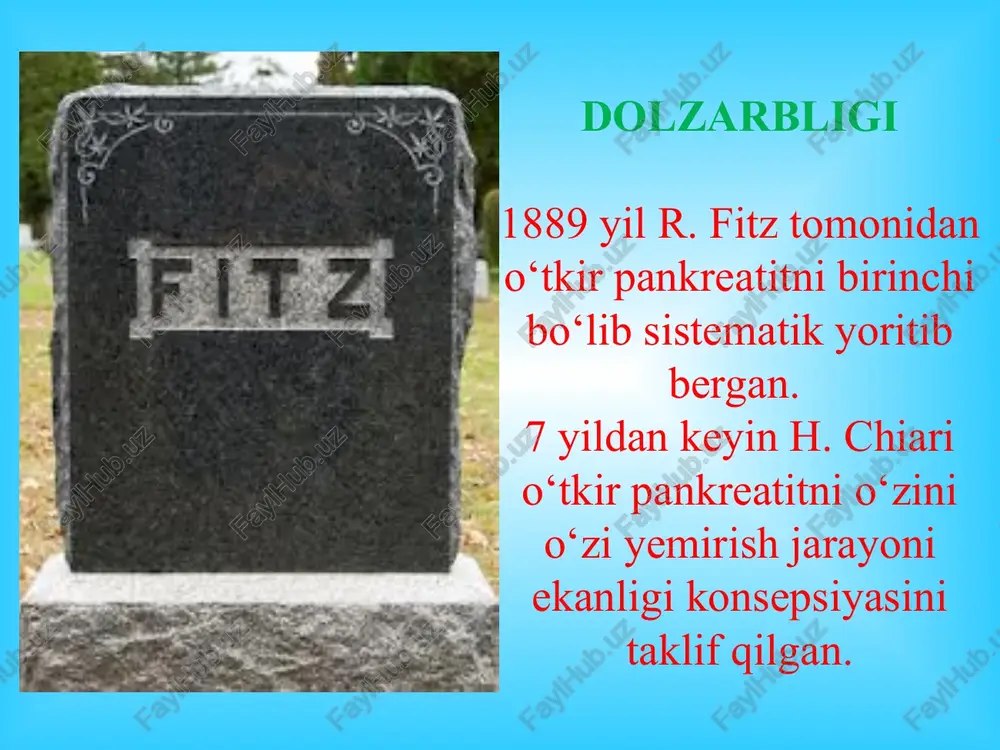 silindruriya aniqlanadi. laborator diagnostika prokalsitonin testi norma –0,3 ng/ml kursatkichlar 0,8 ng/ml baland bulsa tarkalgan pankreonekrozdan dalolat instrumental diagnostika – utt spetsifik kursatkich meda osti bezi kattalashishi, shaklini uzgarishi, parenximasi uzgarishi, virsung kanalini dilatatsiyasi nospetsifik kursatkich korin va plevra bushligida suyuklik ygilishi, ichak parezi utkir pankreatit utt tekshiruvi utkir pankreatit utt tekshiruvi rentgenologik tekshiruv, endoskopik tekshiruv ultratovush yordamida tekshiruv kompyuter tomografiya, angiografiya laparoskopiya maxsus tekshiruv usullari angiografiya virsungografiya kompyuter tomografiya yader-magnit tomografiya seliakografiya me'da osti bezi angiografik semiotikasi mob arteriya uzgarishi parenximada kon aylanishi buzilishi mob atrofi arteriyalar uzgarishi pankreonekroz chegaralangan tromboz va tomirning toraeshi lokalnoe oslablenie arterialnogo krovosnabjeniya, pozdnee nastuplenie venoznoy fazi ottesnenie chrevnoy, obshey pechenochnoy, jeludochno-dvenadsatiperstnoy arteriy, inogda diametr pechenochnoy arterii stanovitsya shire selezenochnoy pankreonekroz tarkalgan tromboz oslablenie arterialnogo krovosnabjeniya vplot do polnogo ischeznoveniya sosudistogo risunka, zaderjka ili otsutstvie splenoportogram trombozi krupnix arteriy jeludka i 12 p.k. pankreonekrozdagi «oynali shish» pankreonekrozdagi «stearin pilakchalar» pankreonekrozdagi «stearin pilakchalar» va fibrin …