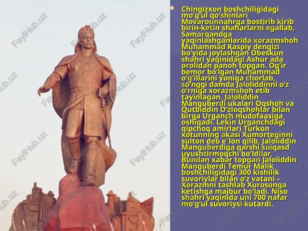i kurashda ko‘rsatgan mislsiz jasorati, vatanga va o‘z xalqiga sadoqat va cheksiz muhabbatini qadrlash va uning porloq ruhini abadiylashtirish maqsadida “jaloliddin manguberdi tavalludining 800 yilligini nishonlash haqida” qaror qabul qildi (1998). qarorga ko‘ra, uning yurti xorazmda jaloliddin manguberdiga haykal o‘rnatildi, yirik ko‘cha, maydon, jamoa korxonalari va boshqalarga uning nomi qo‘yildi. jaloliddin manguberdining harbiy yurishlarida hamroh bo‘lgan tarixchi nasaviy jaloliddin manguberdiga bag‘ishlab “siyrat as-sulton jaloliddin manguberdi” (“sulton jaloliddin manguberdining holati”) nomli asar, maqsud shayhzoda esa “jaloliddin” (1943-yil) dramasini yozgan. jaloliddin manguberdi haqida video film, doston, p`esa va boshqalar yaratilgan. 2000-yilning 30-avgustida “jaloliddin manguberdi” ordeni ta’sis etilgan. 1230-yil 10-avgustda arzinjon yaqinidagi jangda jaloliddin manguberdi kuchlari malubiyatga uchradi. jaloliddin manguberdining kuchsizlanganidan foydalangan mog`ullar katta qo`shin bilan ozarbayjonga bostirib kirib maroa, tabrizni egallab (1231) jaloliddin manguberdi ta`qib etishgan. mayofariqin viloyatidagi qishloqlardan birida mog`ullar tungi hujum natijasida jaloliddin manguberdining oz sonli qo`shinini tor-mor keltirdilar, jaloliddin manguberdini o`zi esa ta`qibdan qutulib qurdiston tolariga chiqib ketgan. bu …