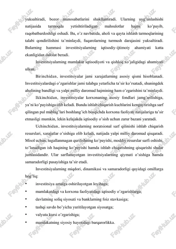 resurslari, xarajatlar o’sishiga olib keladi, natijada yalpi milliy daromad qisqaradi. misol uchun, tugallanmagan qurilishning ko’payishi, moddiy resurslar sarfi oshishi, to’lanadigan ish haqining ko’payishi hamda ishlab chiqarishning qisqarishi shular jumlasidandir. ular sarflanayotgan investitsiyalarning qiymati o’sishiga hamda samaradorligi pasayishiga ta’sir etadi. investitsiyalarning miqdori, dinamikasi va samaradorligi quyidagi omillarga bog’liq: • investitsiya amalga oshirilayotgan loyihaga; • mamlakatdagi va korxona faoliyatidagi iqtisodiy o’zgarishlarga; • davlatning soliq siyosati va banklarning foiz stavkasiga; • tashqi savdo bo’yicha yuritilayotgan siyosatga; • valyuta kursi o’zgarishiga; • mamlakatning siyosiy hayotidagi barqarorlikka. investitsiyalar qishloq xo’jaligining har tomonlama rivojlanishiga ko’maklashadi, chunki ularning evaziga tarmoqning moddiy-texnika bazasi mustahkamlanadi. ulardan to’liq va samarali foydalanish natijasida jonli mehnat xarajatlari qisqarib, mahsulotlar ishlab chiqarish hajmi ko’payadi, sifati yaxshilanadi. bu hol qishloq xo’jalik mahsulotlariga bo’lgan talab yanada yaxshiroq qondirilishini ta’minlaydi. shu bilan birgalikda sof foyda summasi ko’payadi. natijada qishloq xo’jaligini kengaytirilgan takror ishlab chiqarish asosida rivojlantirish imkoniyati paydo bo’ladi, aholining ijtimoiy-iqtisodiy ahvoli yanada yuksaladi. bular investitsiyalarning …