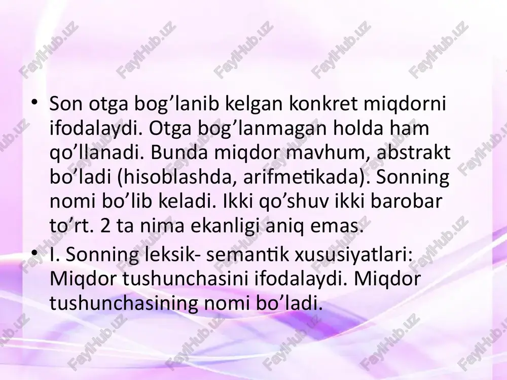 sim bo’lib keladi. –dan qo’shimchasini olib, kirish so’z vazifasini bajaradi. tartib sonlar ba’zan daraja, nav, tur ma’nolarini bildirib keladi: 1 – sinf xaydovchisi, 2-nav un, 1-tur o’yinlari. sonning tuzilish jihatdan turlari. sonlar tuzilishiga ko’ra 3 xil: 1. sodda sonlar; bir, ming, ellik. 2. murakkab sonlar: bir ming to’qqiz yuz ellik. 3. juft sonlar: besh-olti, o’ttiz-qirq, ming-ming. image1.jpeg /docprops/thumbnail.jpeg