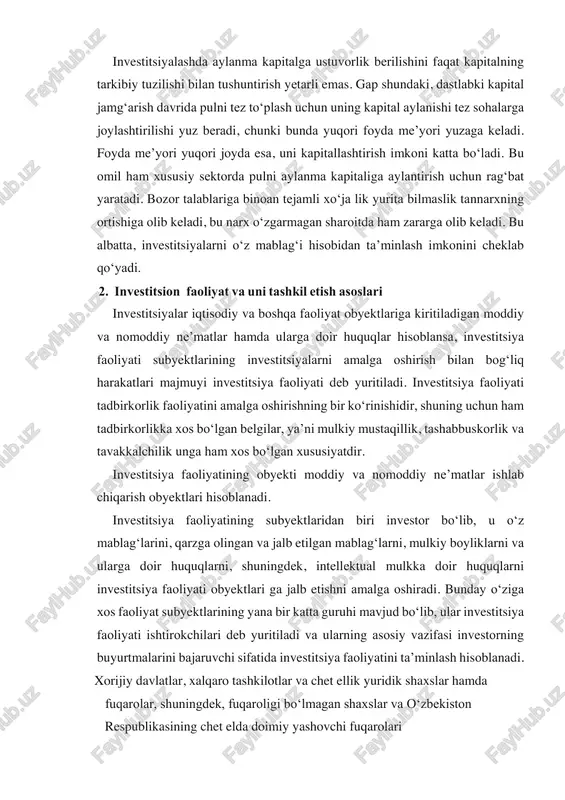 zifasi investorning buyurtmalarini bajaruvchi sifatida investitsiya faoliyatini ta’minlash hisoblanadi. xorijiy davlatlar, xalqaro tashkilotlar va chet ellik yuridik shaxslar hamda fuqarolar, shuningdek, fuqaroligi bo‘lmagan shaxslar va o‘zbekiston respublikasining chet elda doimiy yashovchi fuqarolari investorlar buyurtmachi (mablag‘ kirituvchi), kreditor, sotib oluvchi bo‘lishlari, shuningdek, investitsiya faoliyati ishtirokchisi vazifasini bajaruvchi ham bo‘lishlari mumkin. investitsiya faoliyatini amalga oshiruvchilar (investorlar) quyidagi belgilari bo‘yicha tasniflanadi. 1. joriy faoliyatning yo‘nalishlari bo‘yicha institutsional va individual investorlar. institutsional investorlar rolida sanoat, savdo, transport, aloqa va boshqa sohalardagi aksiyadorlik jamiyatlari namoyon bo‘lsalar, individual investorlar rolida fuqarolar namoyon bo‘ladilar. 2. investitsiyalash maqsadlari bo‘yicha strategik va bevosita investorlar. ular o‘z oldilariga kompaniyalarni boshqarish huquqini olishni maqsad qilib qo‘yadilar. buni ular boshqa kompaniyalar aksiyalarining nazorat paketini sotib olish yoki ularning ustav kapitalining katta qismini egallash orqali amalga oshiradilar. 3. rezidentlikka tegishliligi bo‘yicha investorlar milliy va xorijiy investorlarga ajratiladi. 3. investitsiya munosabatlarining davlat tomonidan tartibga solinishi investitsiya munosabatlarining davlat tomonidan tartibga solinishi huquqiy sharoitlar yaratish, …