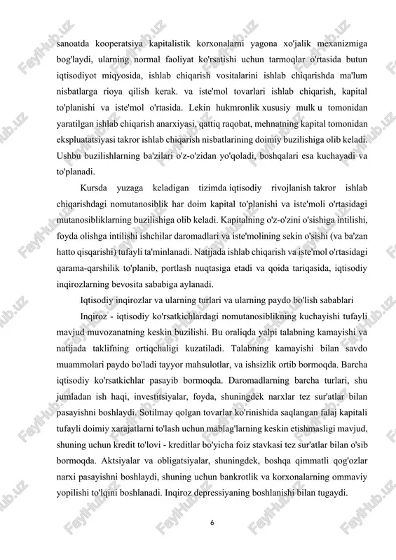 larning buzilishiga olib keladi. kapitalning o'z-o'zini o'sishiga intilishi, foyda olishga intilishi ishchilar daromadlari va iste'molining sekin o'sishi (va ba'zan hatto qisqarishi) tufayli ta'minlanadi. natijada ishlab chiqarish va iste'mol o'rtasidagi qarama-qarshilik to'planib, portlash nuqtasiga etadi va qoida tariqasida, iqtisodiy inqirozlarning bevosita sababiga aylanadi. iqtisodiy inqirozlar va ularning turlari va ularning paydo bo'lish sabablari inqiroz - iqtisodiy ko'rsatkichlardagi nomutanosiblikning kuchayishi tufayli mavjud muvozanatning keskin buzilishi. bu oraliqda yalpi talabning kamayishi va natijada taklifning ortiqchaligi kuzatiladi. talabning kamayishi bilan savdo muammolari paydo bo'ladi tayyor mahsulotlar, va ishsizlik ortib bormoqda. barcha iqtisodiy ko'rsatkichlar pasayib bormoqda. daromadlarning barcha turlari, shu jumladan ish haqi, investitsiyalar, foyda, shuningdek narxlar tez sur'atlar bilan pasayishni boshlaydi. sotilmay qolgan tovarlar ko'rinishida saqlangan falaj kapitali tufayli doimiy xarajatlarni to'lash uchun mablag'larning keskin etishmasligi mavjud, shuning uchun kredit to'lovi - kreditlar bo'yicha foiz stavkasi tez sur'atlar bilan o'sib bormoqda. aktsiyalar va obligatsiyalar, shuningdek, boshqa qimmatli qog'ozlar narxi pasayishni boshlaydi, shuning uchun bankrotlik …