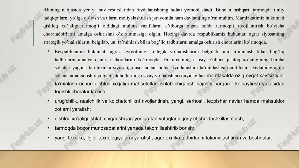 mahsulotlari ishlab chiqarishni qo’llab-quvvatlash maqsadida aholiga imtiyozli shartlar asosida kreditlar berish ko’lami kengaytirildi. qishloq xo’jaligi tarmog’ida amalga oshirilayotgan islohotlarni quyidagi asosiy yo’nalishlarga ajratish mumkin: yer va suv resurslaridan foydalanishni takomillashtirish bo’yicha islohotlar; qishloq xo’jaligi tarmog’ida mulkiy va tarkibiy islohotlar, mulkni davlat tasarrufidan chiqarish va xususiylashtirish; qishloq xo’jaligini moliyalashtirish va kreditlash sohasidagi islohotlar; qishloq xo’jalik mahsulotlarining narxi shakllanishi va uni erkinlashtirish bo’yicha islohotlar; qishloq xo’jaligida soliqqa tortish va to’lash mexanizmini soddalashtirish bo’yicha islohotlar; qishloq xo’jaligida raqamli iqtisodiyotni shakllantirish hamda resurs tejamkor innovatsion texnologiyalarni joriy etish bo’yicha islohotlar; qishloq xo’jaligida bozor munosabatlarini takomillashtirish sohasidagi islohotlar. foydalanilgan adabiyotlar ro’yxati abdug’aniyev a.a., abdug’aniyev a.a. qishloq xojaligi iqdisodiyoti. darslik. - t: “adib nashriyoti”, 2011. – 400 b. david l. debertin. agricultural production economics textbook. 2nd ed. published by mcmillan. university of kentucky, usa. 2012. rustamova i.b., sheripbayeva u.a., dehqonova n.s., ahmedova v. qishloq xo’jaligi iqtisodiyoti. o’quv qo’llanma. –t.: tdau, 2015. 174 b. samatov g’.a, rustamova …