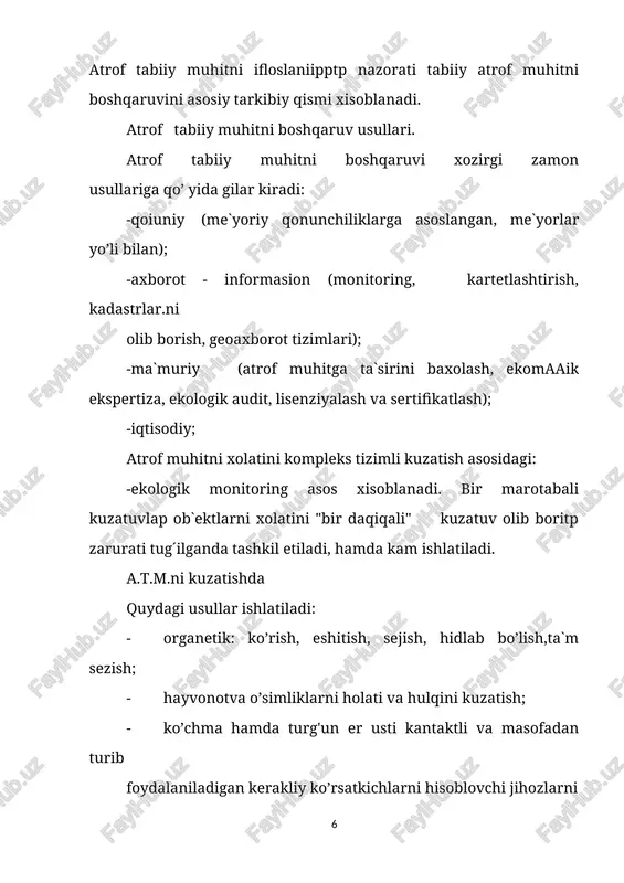 i (havo muhitidagi) ifloslanishlar tarkibini spektirlarini qaytarilishini o’lchashka asoslangan. nurlanish manbayi sifatida gazli yoki qattiq tanali lazer bo’lishi mumkun. turg'un va ko’chma dasgohlar ishlatiladi. - xromatografik usul- aralashmalar kompanentlarni ikki xarakatchan va xarakatsiz fazolarga silistiv ajratishga asoslangan. usullarning afzalligi kam miqdordagi va maxsus raksiyalarga kirmaydigan moddalarni aniqlaydi. kamchiligi 100% ifloslantiruvchi zararli moddalarni yutish qobilyatiga ega bo’lgan yangi sarbentlarni ishlashidir. bu usulda uglevadaraodlar, organic kislatalar, pestisidlar va boshqalar aniqlanadi. turg'un asboblar ishlatiladi. - atomli- absorbsiya usuli elementlar atomlarning rezonansli nurlanishlarini selektiv yutish xususiyatidan faydalaniladi. masalan bu usulda havodagi og'ir metallar tarkibi aniqlanadi. turg'un asboblar ishlatiladi. - moes- spektrometrik usul- moddalar tarkibidagi qisimlarning spektir massalarining aniqlashga asoslangan; turg'un asboblarishlatiladi. radiasion ifloslanishlarni quydagi usullarda aniqlanadi: - ionizasiya usuli- tashqi radiasiya manbai g'isobiga kameradagi gazlarni ionlanishini o’lchashka asoslangan; - kimyoviy usul- ionli turlanish ta`sirida moddalardagi radiiosion-kimyoviy o’zgarishlarnisonini o’lchashga asoslangan. - fotagrafik usul moddalarda paydo bbo’ladigan sonli nurlanmshni ro’yxatga oluvchi sezgir fotomatiral qatlami; - ssiktilyasiya …