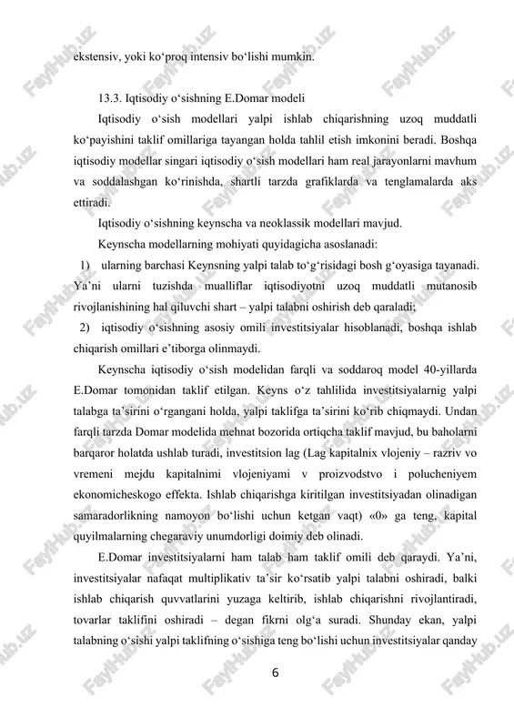 qarish kα miqdorga o‘sadi, ya’ni: ys= kα k investitsiyalar hisobiga ta’minlanganligi uchun tenglikni: ys= iα deb yozish mumkin. bunda, α – kapital quyilmalar (investitsiyalar)ning chegaraviy unumdorligi. agar bir yilda yalpi ishlab chiqarishni 1 mlrd. so‘mga oshirish uchun 4 mlrd so‘m investitsiya talab etilsa α=0,25 bo‘ladi. α=ys / i bir so‘mlik investitsiya hisobiga yaratilgan yangi mahsulot miqdorini ko‘rsatadi. 2. talab tenglamasi quyidagi ko‘rinishga ega: yd= i (1/μ) bu yerda, 1/μ – xarajatlar multiplikatori, μ – jamg‘arishga chegaralangan moyillik. bu tenglama milliy daromad yd, yoki yalpi talab qo‘shimcha investitsiyalarning multiplikativ ko‘payishiga teng miqdorda o‘sishini ko‘rsatadi. ishlab chiqarishning to‘plangan jami kapital bilan ta’minlanishi, milliy daromad esa qo‘shimcha investitsiyalarning multiplikativ ta’siri ostida ko‘payishi sababli, taklif tenglamasida jami investitsiyalar, talab tenglamasida esa qo‘shimcha investitsiyalargina ko‘rib chiqiladi. 3. daromadlar va ishlab chiqarish quvvatlarining qo‘shimcha o‘sish sur’atlari tengligi tenglamasi: i (1/μ) = iα bu tenglamani yechib quyidagi natijani olamiz: i / i = μ α ( i …
