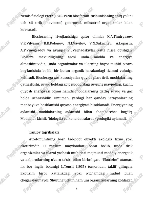qarab abiotik (o‘lik tabiatning ta’siri), biotik (tirik organizmlar bilan bog‘liq ta’sir) va antropogen (inson faoliyati natijasida ta’sir) omillarga bo‘linadi (n.n.ponomaryova, 1975). 1. abiotik omillar organizmlarga muhitning fizik va kimyoviy jihatlari orqali ta’sir ko‘rsatadi. ularga quyidagilar kiradi: · iqlim, yorug‘lik, harorat, havo, namlik va shamol, bosim; · edafik: tuproqning mexanik va fizik-kimyoviy tarkibi,xossalari va h.k.; · topografik yoki orografik: relyef sharoiti – joyning balandpastligi va h.k.; · gidrologik: suv muhiti xususiyatlarining ta’siri. 2. biotik omillar organizmlarning turli shakllaridagi o‘zaro munosabatlari natijasidagi ta’siridir. ular quyidagicha ro‘y beradi: · fitogen – birgalikda yashayotgan o‘simliklarning bevosita va bilvosita ta’sirlari; · zoogen – hayvonlarning oziqlanishi, payhon qilinishi,changlatishi, meva va urug‘larini tarqatishi, muhitga ta’sir etish kabi ta’sirlari; · mikrobiogen va mikogen – mikroorganizm va zamburug‘larning ta’siri orqali. 3. antropogen omillar insonning faoliyati natijasida kelib chiqadigan ta’sirdir. bu omil yashash muhitining o‘zgarishi, ekotizimlarning tarkibiy qismlaridagi bog‘lanishlarning buzilishi, inqirozi, hatto biotsenozlarning butunlay yo‘qolishiga sababchi bo‘lishi mumkin. qulay sharoitda …