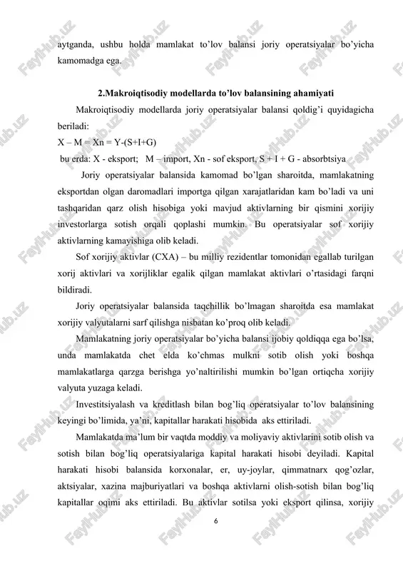 ing misolda birinchisining taqchilligi (-87) katta qismi (+63) kapitalning sof oqib kelishi hisobiga moliyalashtiriladi va aksincha, agar to’lov balansi joriy operatsiyalar bo’yicha musbat qoldiqqa ega bo’lsa, kapital harakati hisobi balans bo’yicha manfiy qoldiqqa yo’l qo’yilgan bo’ladi. shunday qilib, balansning bu ikki bo’limi bir-biri bilan tenglashib boradi. to’lov balansi qoldig’i= joriy operatsiyalar + kapital harakati balansi biroq, amalda to’lov balansining bu qismida ham ko’pincha kamomad yoki ortiqchalik yuzaga keladi. barcha mamlakatlarning markaziy banklari rasmiy zaxiralar deb ataluvchi xorijiy valyuta zaxiralariga ega bo’lib, bu zaxiralar joriy operatsiyalar bo’yicha balans va kapital harakati bo’yicha balans nomutanosibligini bartaraf etishda qo’llaniladi. bizning misolda bu nomutanosiblik yoki qoldiq (-24)ni tashkil etadi va rasmiy zaxiralardan tushumlar hisobiga tartibga solinadi. rasmiy zaxiralarning qisqarishi (+) kamomad miqdorini ifodalaydi, rasmiy zaxiralarning o’sishi (-) esa to’lov balansining musbat qoldig’i miqdorini ko’rsatadi. natijada uning barcha uch bo’limi summasi «0»ni tashkil etishi lozim. bu esa xorijiy valyuta taklifini va unga mamlakatda bo’lgan talab …