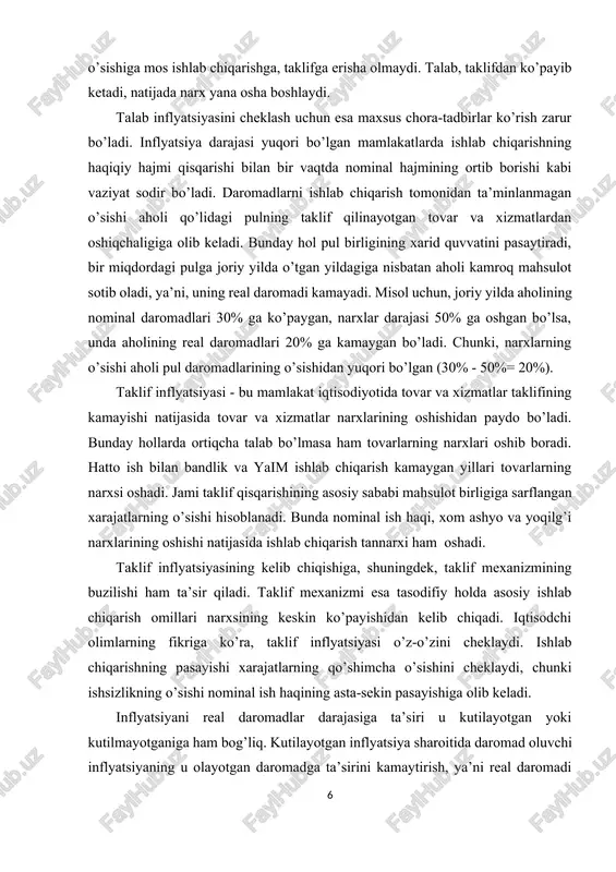 ni kamaytirish, ya’ni real daromadi darajasini saqlab qolish chorasini ko’radi. bu uchun fisher tenglamasidan foydalanish mumkin: i = r + pkut, bu erda i-nominal foiz stavkasi; r- real foiz stavkasi; kut- kutilayotgan infnflyatsiya darajasi. inflyatsiya sur’ati 10 foizdan oshganda fisher tenglamasi quyidagi ko’rinishni oladi: i - kut r = ----------- 1- kut kutilmagan inflyatsiya daromadlarni debitorlar va kreditorlar o’rtasida kreditorlar foydasiga qayta taqsimlaydi. shuningdek kutilmagan inflyatsiya daromadlarni qayd qilingan daromad oluvchilar va qayd qilinmagan daromad oluvchilar o’rtasida keyingilari foydasiga qayta taqsimlaydi. talab va taklif inflyatsiyasini qat’iy chegaralash qiyin. ba’zida bu ikki turdagi inflyatsiya bir-biri bilan qo’shilib ketadi. masalan, talab inflyatsiyasi sharoitida yollanma ishchilar kutilayotgan inflyatsiya darajasini e’tiborga olib ish haqilari oshirilishini mehnat shartnomalariga kiritadilar. bu esa mahsulot tannarxini oshirib taklif inflyatsiyasini keltirib chiqaradi. tovarlar taklifning kamayishini kuzatayotgan iqtisodiy agentlar pul mablag’larini tovarlarga aylantirishga shoshadilar. bu holat talab inflyatsiyasi ko’rinishini keltirib chiqaradi. bunday ketma-ketlik oxir-oqibat giperinflyatsiyani keltirib chiqarishi mumkin. giperinflyatsiya boshqarib …