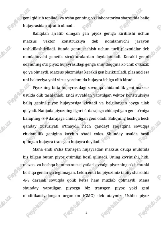 zga yuqori bo‘lgan. gmo mahsulotlarining eng muhim xususiyatlaridan yana biri ularni yetishtirish oson, arzon va qulay. shu bilan birga gmo o‘simlik mahsulotlarini boshqa o‘simliklarga qaraganda yilning istalgan vaqtida topish imkoni mavjud. shu birga gmo mahsulotlari nisbatan arzonligi, ularni saqlashda maxsus talablar mavjud emasligi bilan ham ajralib turadi. ko‘pchilik gmo deganda faqatgina yeyiladigan mahsulotlarni ko‘z o‘ngiga keltiradi, aslida gmo faqat oziq-ovqat uchun ishlatilmaydi. ular ilmiy tadqiqotlarda, tibbiyotda, farmatsevtika sanoatida, qishloq xo‘jaligida, atrof-muhitni tozalashda ham qo‘llaniladi. ilmiy tadqiqotlarda esa gmo organizmlardan ko‘plab kasalliklar qanday yuzaga kelishini aniqlashda keng foydalaniladi. jumladan, alsgeymer, saraton kabi kasalliklarning qanday yuzaga kelishi aynan ana shunday organizmlarda o‘rganish asosida aniqlandi. ayni vaqtdagi rasmiy statistikaga ko‘ra, yer yuzida 415 mln. kishi qandli diabet kasalligi bilan og‘riydi. 2040-yilga borib, ularning soni 642 mln. nafarga yetishi aytiladi. mana shu kasallarning ko‘pi kuniga insulin qabul qilishga majbur, aks holda ahvoli tezda yomonlashadi. xo‘sh, shuncha bemorga insulin qanday yetkazib beriladi deb o‘ylaysiz? dastlab …