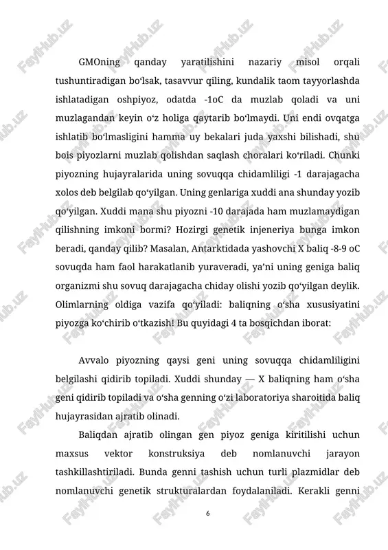 nda 21,6 foizga past bo‘lgan, shu tufayli pestitsidlarga 36,9 foiz kam xarajat ketdi. umumiy chiqim 39,2 foizga oz, kirim esa 68,2 foizga yuqori bo‘lgan. gmo mahsulotlarining eng muhim xususiyatlaridan yana biri ularni yetishtirish oson, arzon va qulay. shu bilan birga gmo o‘simlik mahsulotlarini boshqa o‘simliklarga qaraganda yilning istalgan vaqtida topish imkoni mavjud. shu birga gmo mahsulotlari nisbatan arzonligi, ularni saqlashda maxsus talablar mavjud emasligi bilan ham ajralib turadi. ko‘pchilik gmo deganda faqatgina yeyiladigan mahsulotlarni ko‘z o‘ngiga keltiradi, aslida gmo faqat oziq-ovqat uchun ishlatilmaydi. ular ilmiy tadqiqotlarda, tibbiyotda, farmatsevtika sanoatida, qishloq xo‘jaligida, atrof-muhitni tozalashda ham qo‘llaniladi. ilmiy tadqiqotlarda esa gmo organizmlardan ko‘plab kasalliklar qanday yuzaga kelishini aniqlashda keng foydalaniladi. jumladan, alsgeymer, saraton kabi kasalliklarning qanday yuzaga kelishi aynan ana shunday organizmlarda o‘rganish asosida aniqlandi. ayni vaqtdagi rasmiy statistikaga ko‘ra, yer yuzida 415 mln. kishi qandli diabet kasalligi bilan og‘riydi. 2040-yilga borib, ularning soni 642 mln. nafarga yetishi aytiladi. mana shu kasallarning …
