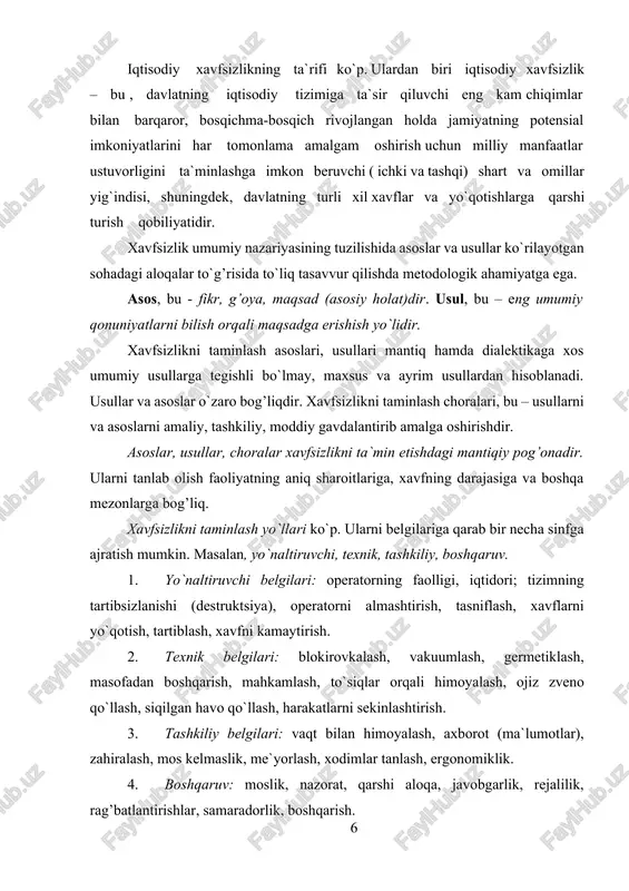 sh, to`siqlar orqali himoyalash, ojiz zveno qo`llash, siqilgan havo qo`llash, harakatlarni sekinlashtirish. 3. tashkiliy belgilari: vaqt bilan himoyalash, axborot (ma`lumotlar), zahiralash, mos kelmaslik, me`yorlash, xodimlar tanlash, ergonomiklik. 4. boshqaruv: moslik, nazorat, qarshi aloqa, javobgarlik, rejalilik, rag’batlantirishlar, samaradorlik, boshqarish. 2. xavfsizlikni taminlash usullari, ta`riflari inson mehnat faoliyati jarayonida bo`ladigan fazo – ish joyi (gomosfera), doim mavjud yoki vaqti-vaqti bilan xavf paydo bo`ladigan fazoni noksosfera deyiladi. xavfsizlikni taminlashga quyidagi usullar orqali erishiladi: a) gomosfera va noksosferani fazoviy va vaqt bo`yicha ajratib qo`yish, buni hal qilish uchun masofadan boshqarish, avtomatlashtirish, rabotlashtirish vositalari yordamidan foydalaniladi; b) xavflarni yo`qotish yo`li bilan noksosferani me`yorlashtirish. bu usulga ishchilarning shovqin, gaz, changdan jarohatlanishidan saqlovchi shaxsiy va birgalikdagi himoya vositalarini qo`llashi kiradi; d) bu usul ishchilarni tegishli muhitga moslashtirishga, ularni himoyalash darajasini ko`tarishga yo`naltirilgan har xil vositalar va usullar: kasbiga qarab tanlash, ruhiy ta`sir va (shaxsiy) himoya vositalari qo`llashni o`z ichiga oladi. amalda esa yuqorida aytilgan usullar birgalikda qo`llaniladi. …