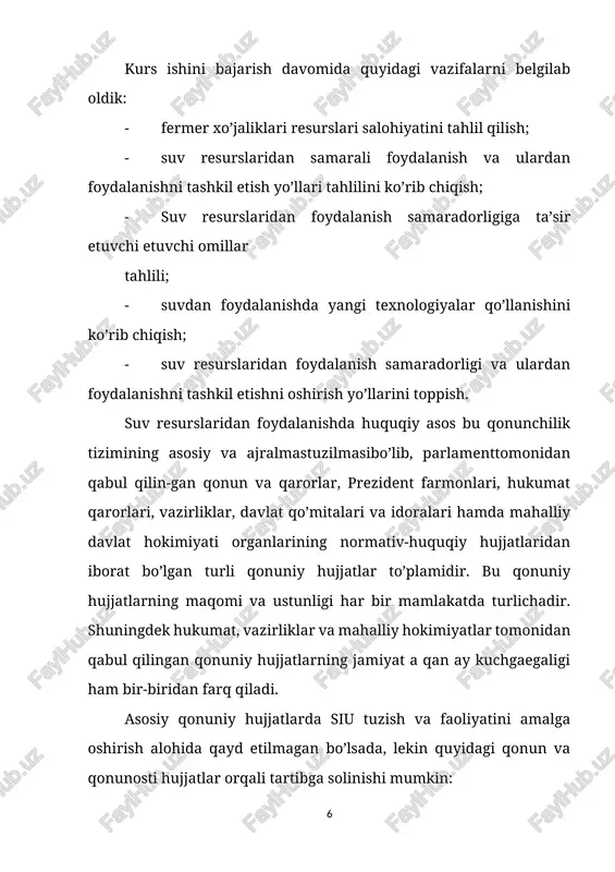 km3, o’zbekiston bo’yicha - 9,8 km3, yer osti suvi ishlatilgan. suvning ahamiyatini va uni tejash kerakligini quyidagi ma’lumotlar bilan tasdiqlash mumkin. agarda tuproq tarkibidagi namlik 65-80 foiz bo’lsa, yerdan hosil olish mumkinligi ilmiy tadqiqotlar natijasidan ma’lum. masalan, 1 s g’alla (bug’doy, roj, arpa, tariq)ni olish uchun 30-40 tonna, kartoshka uchun - 18-20 tonna, sholi uchun - 135-140 tonna va paxta uchun - 800-1000 tonna suv zarurdir. suv o’simlik uchun fotosintez vazifasini o’taydi. «qishloq xo’jaligida suvdan foydalanish ishlari boshqa qishloq xo’jalik korxonalari, tashkilotlari, muassasalari hamda dehqon xo’jaliklarining sug’oriladigan yerlarida qulay suv rejimi vujudga keltirish maqsadida amalga oshiriladi. suv ob’yektlaridan qishloq xo’jaligi ehtiyojlari uchun foydalanish suvdan me’yorlar bo’yicha foydalanishning belgilangan yo’siniga rioya etgan holda suvdan umumiy foydalanish tartibida ham, maxsus foydalanish tartibida ham amalga oshiriladi. 15 suvdan maxsus foydalanish ruxsatnomasini sug’orish, suv chiqarish, zax qochirish tarmoqlaridan foydalanuvchi organlar belgilangan tartibda rasmiylashtiradilar». qishloq xo’jaligida suvdan foydalanishni rejalashtirish moddasida, sug’orish, suv chiqarish va sug’orish …