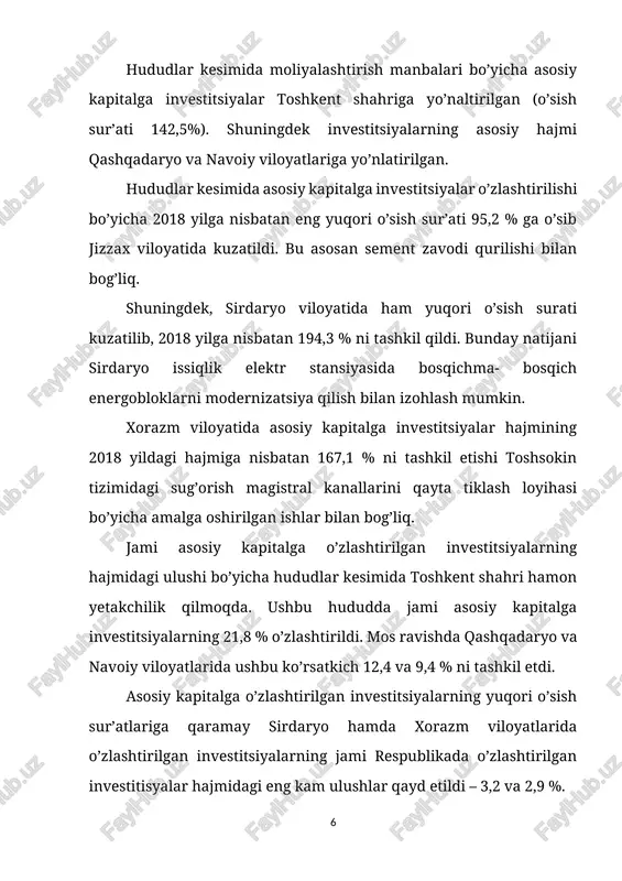 igi” konlarida qidiruv ishlarini yakunlash va ishlar olib borish loyihasi natijasida surxondaryo viloyatida kuzatilib, u 68,9 % ni tashkil etdi. bu ko’rsatkichning eng past darajasi jizzax viloyatida kuzatildi va u 26,4 % ni tashkil etdi. asosiy kapitalga investitsiyalarning iqtisodiy faoliyat turlari bo’yicha tarkibida qayta ishlash sanoati yetakchilik qilmoqda. ushbu tarmoqda jami moliyalashtirish manbalari hisobidan 51433,3 mlrd. so’m yoki jami asosiy kapitalga kiritilgan investitsiyalarning 27,1 % o’zlashtirilgan. uning tarkibida eng ko’p investitsiyalar o’zlashtirilgan 3 ta faoliyat turlari quyidagilar: - to’qimachilik mahsulotlari ishlab chiqarish 10719,0 mlrd. so’m (jami asosiy kapitalga investitsiyalardagi ulushi 5,6 %); - boshqa nometal mineral mahsulotlari ishlab chiqarish 8991,7 mlrd. so’m (4,7 %); - metallurgiya sanoati 8956,9 mlrd. so’m (4,7 %). 2019 yil yanvar-dekabrda jami 12,1 mlrd. aqsh doll. xorijiy investitsiya va kreditlar o’zlashtirilgan bo’lib, ulardan 81,0 %i yoki 9,8 mlrd. aqsh doll asosiy kapitalga o’zlashtirildi. jami o’zlashtirilgan xorijiy investitsiya va kreditlarning 42,4 % yoki 5,1 mlrd. aqsh dollarini …