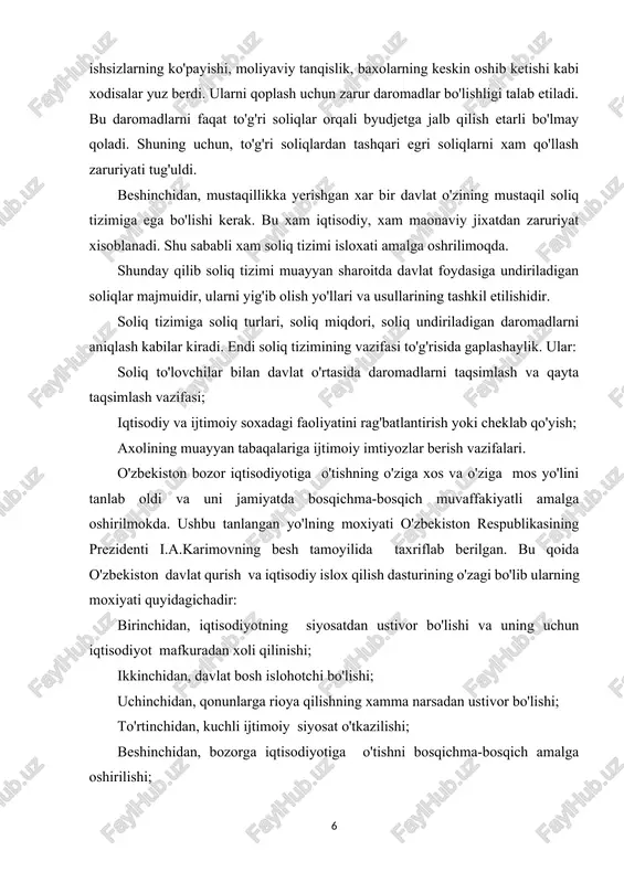 tisodiy va ijtimoiy soxadagi faoliyatini rag'batlantirish yoki cheklab qo'yish; axolining muayyan tabaqalariga ijtimoiy imtiyozlar berish vazifalari. o'zbekiston bozor iqtisodiyotiga o'tishning o'ziga xos va o'ziga mos yo'lini tanlab oldi va uni jamiyatda bosqichma-bosqich muvaffakiyatli amalga oshirilmokda. ushbu tanlangan yo'lning moxiyati o'zbekiston respublikasining prezidenti i.a.karimovning besh tamoyilida taxriflab berilgan. bu qoida o'zbekiston davlat qurish va iqtisodiy islox qilish dasturining o'zagi bo'lib ularning moxiyati quyidagichadir: birinchidan, iqtisodiyotning siyosatdan ustivor bo'lishi va uning uchun iqtisodiyot mafkuradan xoli qilinishi; ikkinchidan, davlat bosh islohotchi bo'lishi; uchinchidan, qonunlarga rioya qilishning xamma narsadan ustivor bo'lishi; to'rtinchidan, kuchli ijtimoiy siyosat o'tkazilishi; beshinchidan, bozorga iqtisodiyotiga o'tishni bosqichma-bosqich amalga oshirilishi; iqtisodiyotning siyosatdan ustivor bo'lishi va uning uchun iqtisodiyot mafkuradan xoli qilinishi: bu tamoyilning mahnosi shuki, iqtisodiy islohotlar xech qachon siyosatning ta’siri ostida bo'lmasligi, ya’ni biror bir mafkuraga buysundirmasligi kerak. bu esa iqtisod xamisha siyosatdan ustun turmogi kerak. na siyosat, na mafkura iqtisodiyotni nazorat qilish, unga tayzik o'tkazish darajasiga kutarilmasligi, xam ichki, …