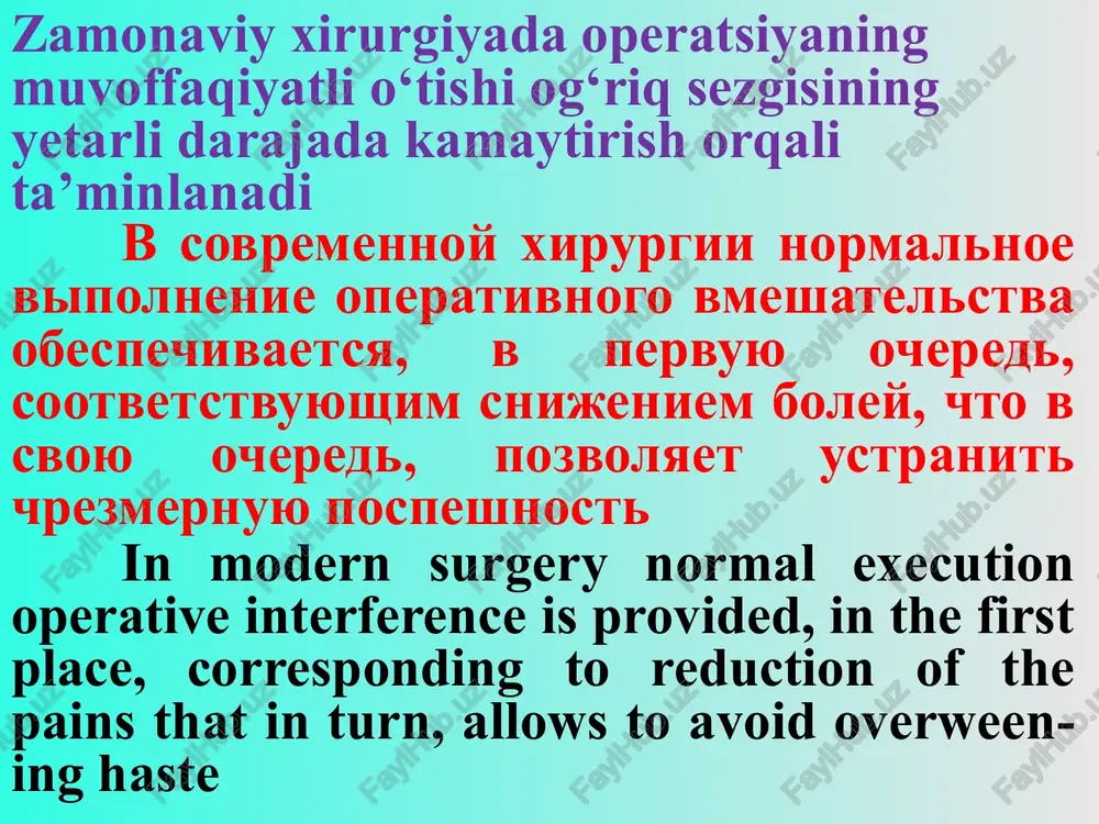 eratsiya – segmentarnaya plastika pishevoda kolotransplantatom the radical operation segmentar plastic arts of the gullet colonotransplant palliativ operatsiyalar palliativnie operatsii the palliative operations palliativ operatsiyalarda kasallikning keltirib chiqaruvchi sababi yo‘qol-maydi, faqatgina bemorlarning axvoli yengillashtiriladi xalos. masalan xavfli o‘sma yo‘g‘on ichak bo‘shlig‘ini yopib qo‘ygan bo‘lsa va uni radikal bartaraf qilishning iloji bo‘lmasa ichak xalqasi qorin old devoriga chiqariladi. bunda ichak o‘smasi olib tashlanmaydi, lekin ichak tutilishi bartaraf bo‘ladi va sun’iy tashqi ichak oqmasi yaratiladi palliativnie operatsii ne likvidiruyut prichinu bolezni, no tolko oblegchayut sostoyaniya bolnogo. tak, naprimer, esli opuxol zakrivaet prosvet tolstoy kishki i net vozmojnosti radikalnogo udaleniya ee, pribegayut k vivedeniyu kishechnoy petli na perednyuyu stenku jivota s posleduyushim vskritiem ee prosveta. v takom sluchae opuxol ostaetsya, odnako ustranyaetsya kishechnaya neproxodimost i soderjimoe kishechnika svobodno videlyaetsya cherez kaloviy svish the palliative operations do not liquidate the reason a disease, but only disease the conditions sick. so, for instance if tumor …