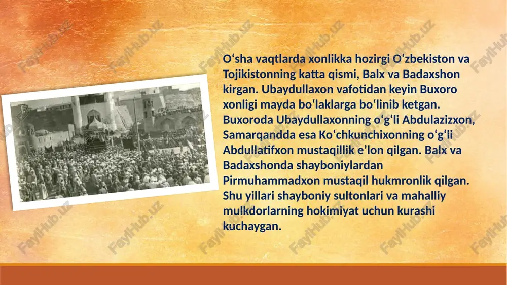 (oʻgʻiz) usmoniy turklar), hindlar, ruslar va eronliklar ham yashagan. aslida ular turli davrlarda turli sabablarga binoan xonlik hududiga kelib joylashib qolganlar. ushbu etnik guruhlar odatda kam sonli boʻlgan. abdullaxon ii tomonidan 1585- yilda muhammad ali boshchiligida, 1589- yilda do`stum boshchiligida moskvaga yuborilgan. elchilar moskva hukmdori tomonidan iliq kutib olingan. bu ikki elchilik oldiga o`rtadagi savdo-sotiq munosabatlarini tartibga solish vazifasi yuklatilgan edi. elchilar rossiya podshosi fyodor ivanovichga abdullaxon ii ning buxorolik savdogarlar uchun moskva davlatidagi barcha shaharlarda erkin savdo qilish imkoniyatini yaratish, qozon va astraxanda doimiy bozorlar ajratish iltimos qilingan xatini keltirgan. rus podshosi bu iltimoslarni to`liq bajarganligi o`sha davr hujjatlarida o`z aksini topgan. xonlikdagi millatlararo munosabatlar va madaniy aloqalar buxoro va rossiya o`rtasidagi do`stona aloqalar xvi asr oxirida, xususan sibir xonligining ruslar tomonidan bosib olinishi tufayli biroz buzilgan bo`lsada, amalda butunlay to`xtab qolmadi. 1589- yili moskvada bo`lgan buxoro elchisi do`stum orqali abdullaxon ii ruslarning sibir xonligidagi tajovuzini qoralagan va o`z …