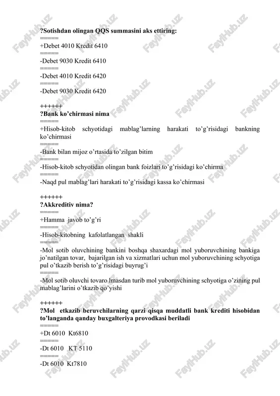 +++ ?muddati o’tgan debitor va kreditor qarzlarni hisobdan chiqarish muddati qancha? ===== +90 kun ===== -3 oy ===== -1 yil ===== -3 yil ++++++ ?bank kreditlari uchun hisoblangan foiz tulovlari daromad solig’ini hisoblashda soliqqa tortiladigan bazadan chiqariladimi? ===== +yo’q, foiz tulovlari soliqqaa tortiladigan bazaga qo’shiladi ===== -xa, foiz tulovlari soliqqaa tortiladigan bazadan chiqariladi ===== -joriy davrda soliqqaa tortilib, kelgusida soliqqaa tortiladigan bazadan chiqariladigan xarajatlar tarkibiga kiritiladi ===== -to’g’ri javob yo’q ++++++ ?uzoq muddatli majburiyatlar nima? ===== +1-yildan ortiq muddatda to’lashi kerak bo’lgan qarzi ===== -bajarilmay qolgan qisqa muddatli majburiyatlari ===== -korxonaninguzoq muddatda bankga to’lashi kerak bo’lgan qarzi ===== -korxonaning uzoq muddatli aktivlarini barpo qilish maqsadiga yunaltirgan va bir yildan oshiq muddatda to’lashi kerak bo’lgan qarzi ++++++ ?mol etkazib beruvchilarga berilgan bunaklar hisobdan chiqarilganda qanday buxgalteriya provodkasi beriladi? ===== +dt 6010 kt 4310 ===== -dt 4310 kt5110 ===== -dt 4310 kt 6010 ===== -to’g’ri javob yo’q ++++++ ?dt- 9420 kt- 4220 …