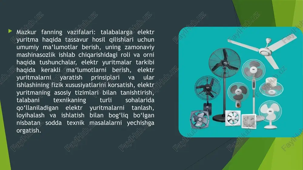 i mumkin. xulosa: ventilyatorlarning elektr yuritmalari tahlili ularning ish unumdorligi va energiya samaradorligini oshirishda muhim ahamiyatga ega. elektr yuritma momentining to‘g‘ri tanlanishi ventilyatorning ish rejimiga, yuklama o‘zgarishlariga va havoni uzatish samaradorligiga bevosita ta’sir qiladi. moment xarakteristikasini to‘g‘ri hisoblash va sozlash orqali ventilyatorning barqaror ishlashi, energiya tejalishi hamda texnik ishonchliligi ta’minlanadi. shu bois, ventilyatorlarning elektr yuritmalarini loyihalashda momentning fizik mohiyatini chuqur tahlil qilish muhim metodik yondashuvlardan biridir. foydalanilgan adabiyotlar: neyman, l. a. elektricheskie mashini: teoriya i praktika. — moskva: energoatomizdat, 2019. bekmuratov, a. elektr yuritmalar nazariyasi va avtomatlashtirilgan boshqaruv tizimlari. — toshkent: fan va texnologiya, 2020. sokolov, g. n. ventilyatori i ix privodi. — sankt-peterburg: professiya, 2018. karimov, i. va axmedov, b. sanoat elektr yuritmalari: o‘quv qo‘llanma. — toshkent: tdtu nashriyoti, 2021. chapman, s. j. electric machinery fundamentals. — new york: mcgraw-hill, 2017. qodirov, m. elektr mashinalari va ularning ishlash prinsiplari. — toshkent: oliy ta’lim, 2019. image1.jpeg image2.png image3.jpeg image4.jpeg image5.png …