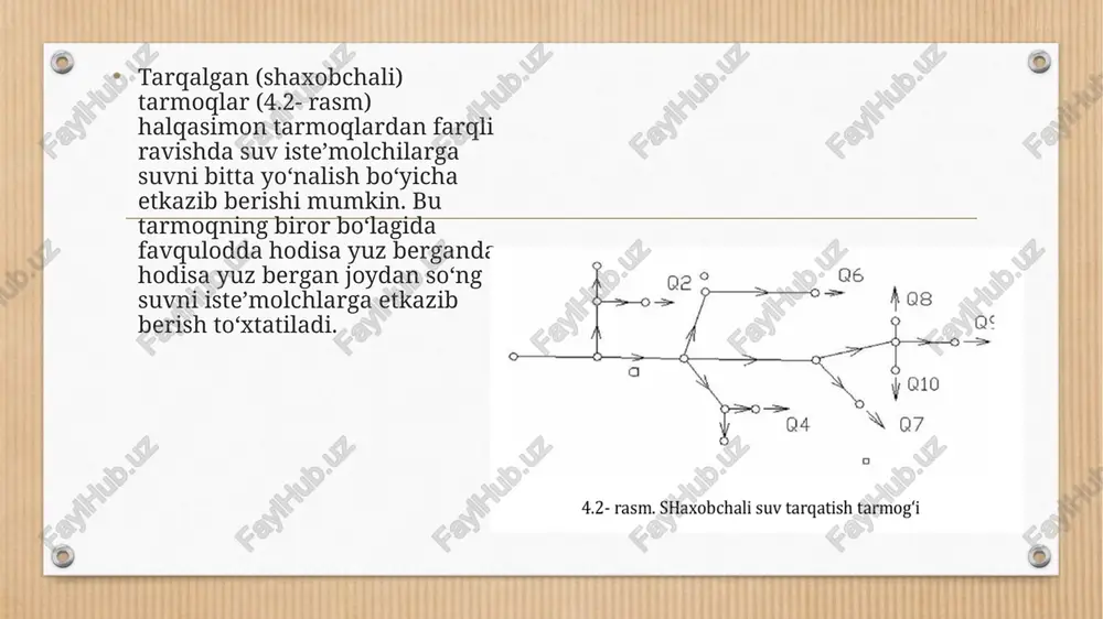 uman chegarasidan o‘tsa va bu tumanlarni bino qavatlari va bino sanitar – texnika jihozlari bir biridan katta farq qilsa tarmoq uzunligi uchun yarim uzunlikni bitta tuman uchun va qolgan yarim uzunlikni ikkinchi tuman uchun olinadi. amalda nisbiy suv sarflari 0,005-0,035 l/sek.m atrofida bo‘ladi. tarmoqni har bir qismi uzunligiga to‘g‘ri keladigan /olinadigan suv sarfini yo‘l suv sarfi deyiladi va u quyidagi ifoda orqali aniqlanadi. buyerda: qnis - nisbiy suv sarfi, ℓ/sek.m, ℓ - tarmoqni hisobga olingan bo‘lagi uzunligi, m yo‘l suv sarflarini aniqlayotgan vaqtda quyidagilarga amal qilish kerak: a) agar tarmoq o‘tgan yerni bir tarafida aholi turar joy uylari bo‘lmasa yoki bir tarafi ekinzorlar bo‘lsa yo‘l suv sarfi nisbiy suv sarfining suv o‘tkazgich tarmog‘i uzunligi yarmisini ko‘paytmasiga teng bo‘ladi: b) agar tarmoq ikkita tuman chegarasidan o‘tsa va ularning nisbiy suv sarflari har xil bo‘lsa yo‘l suv sarfi ikkala tuman nisbiy suv sarflari yig‘indisi yarmisini tarmoq uzunligi ko‘paytmasiga teng bo‘ladi: v) agar …